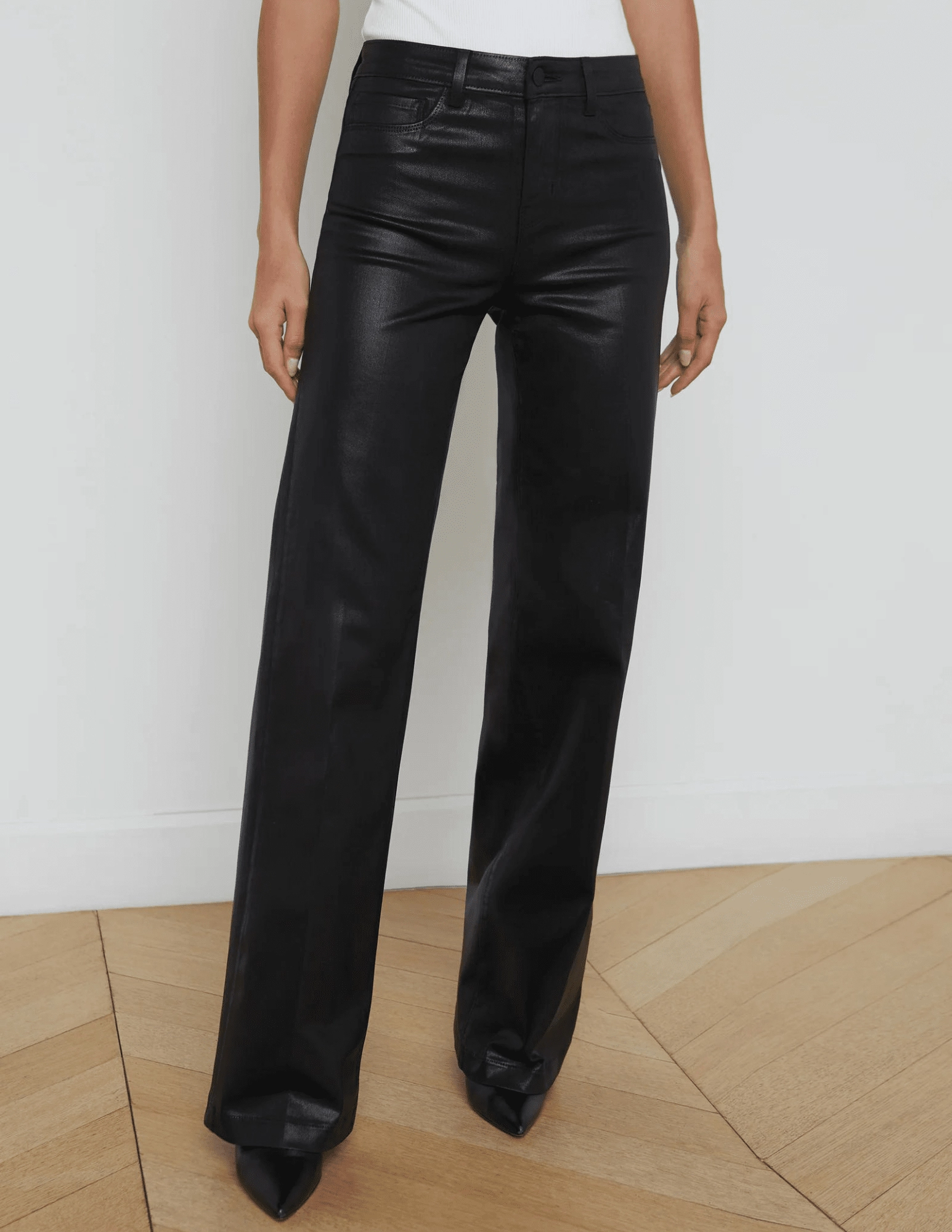 LAGENCE Clayton High Rise Wide Leg Coated Jeans in Black Coated Heavyweight Denim