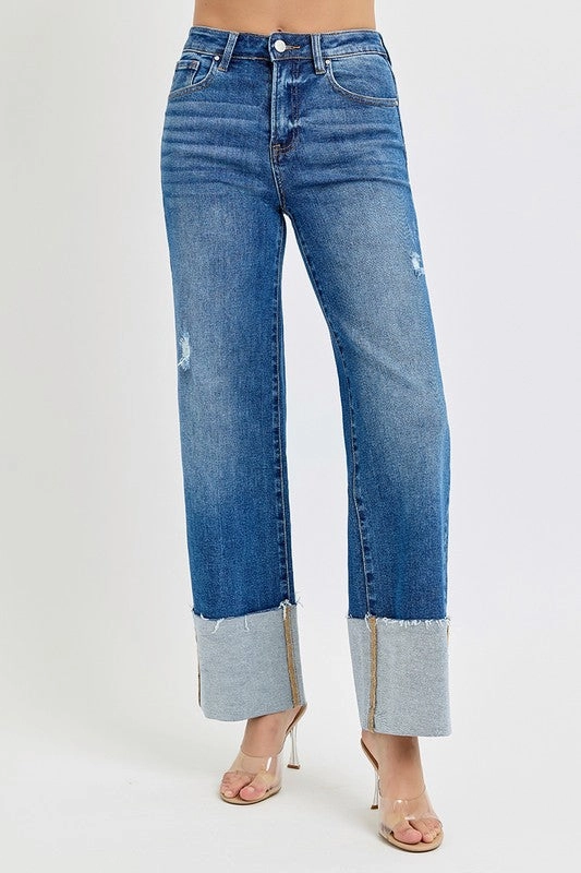 FRANKIE HIGH RISE ANKLE WIDE CUFFED JEANS Timeless Wear Cool Day Look