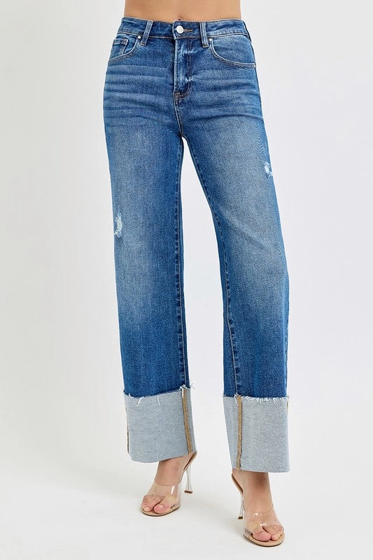 FRANKIE HIGH RISE ANKLE WIDE CUFFED JEANS Soft Stretch