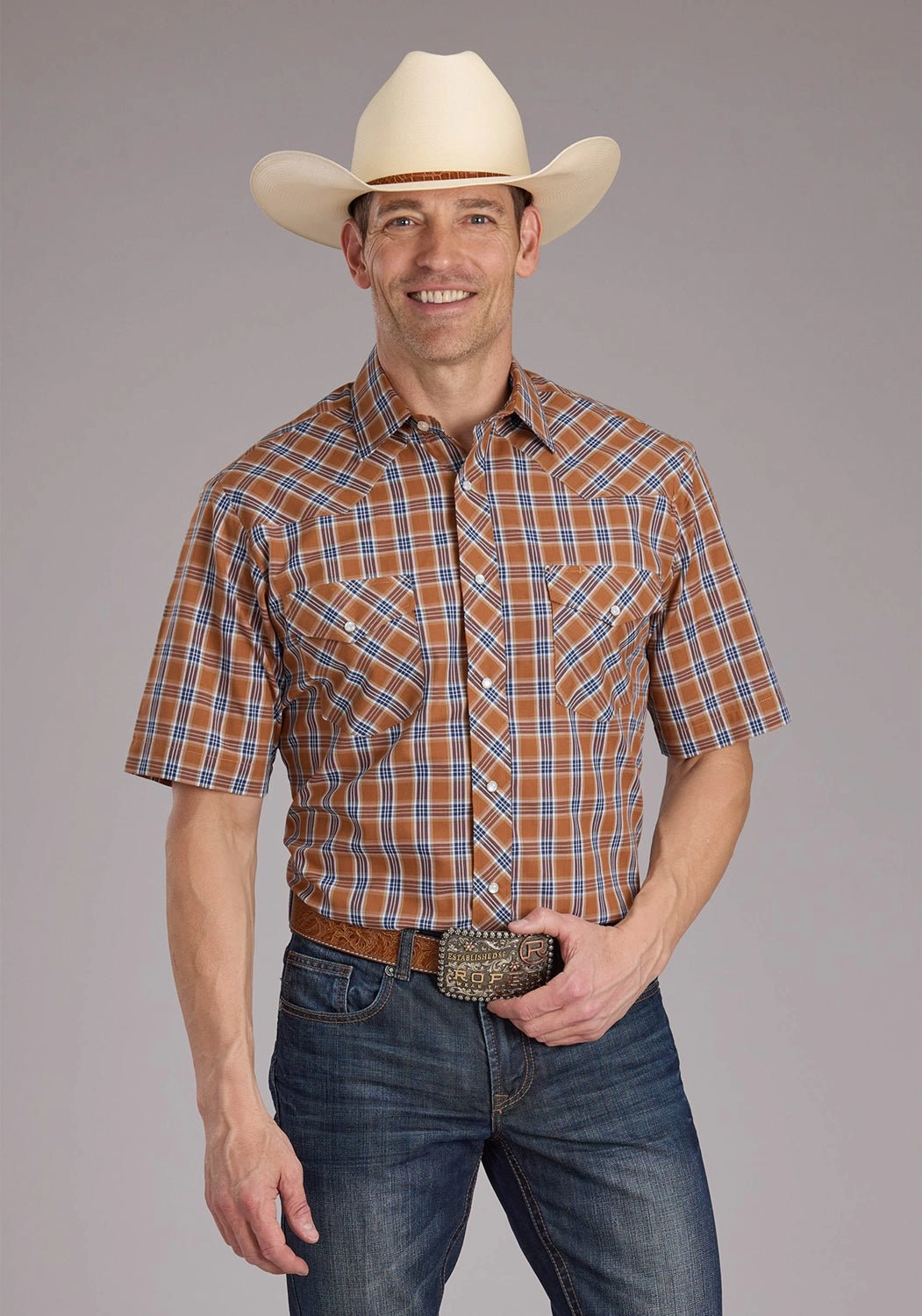 Versatile Style Odor Resistant Roper Mens 2411 Plaid Rust Cotton Blend S/S Shirt