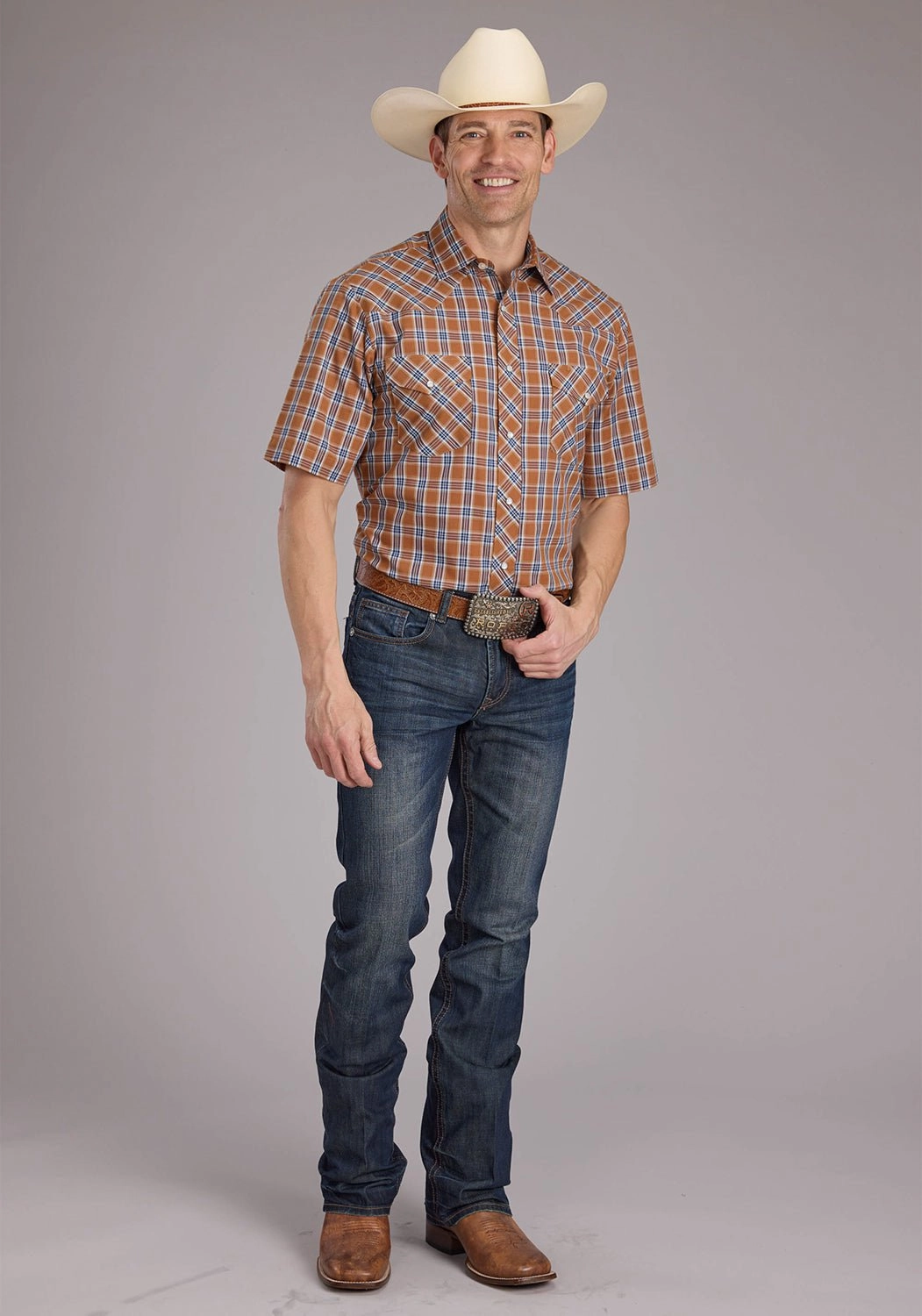 Roper Mens 2411 Plaid Rust Cotton Blend S/S Shirt Corporate Event Seasonal Collection