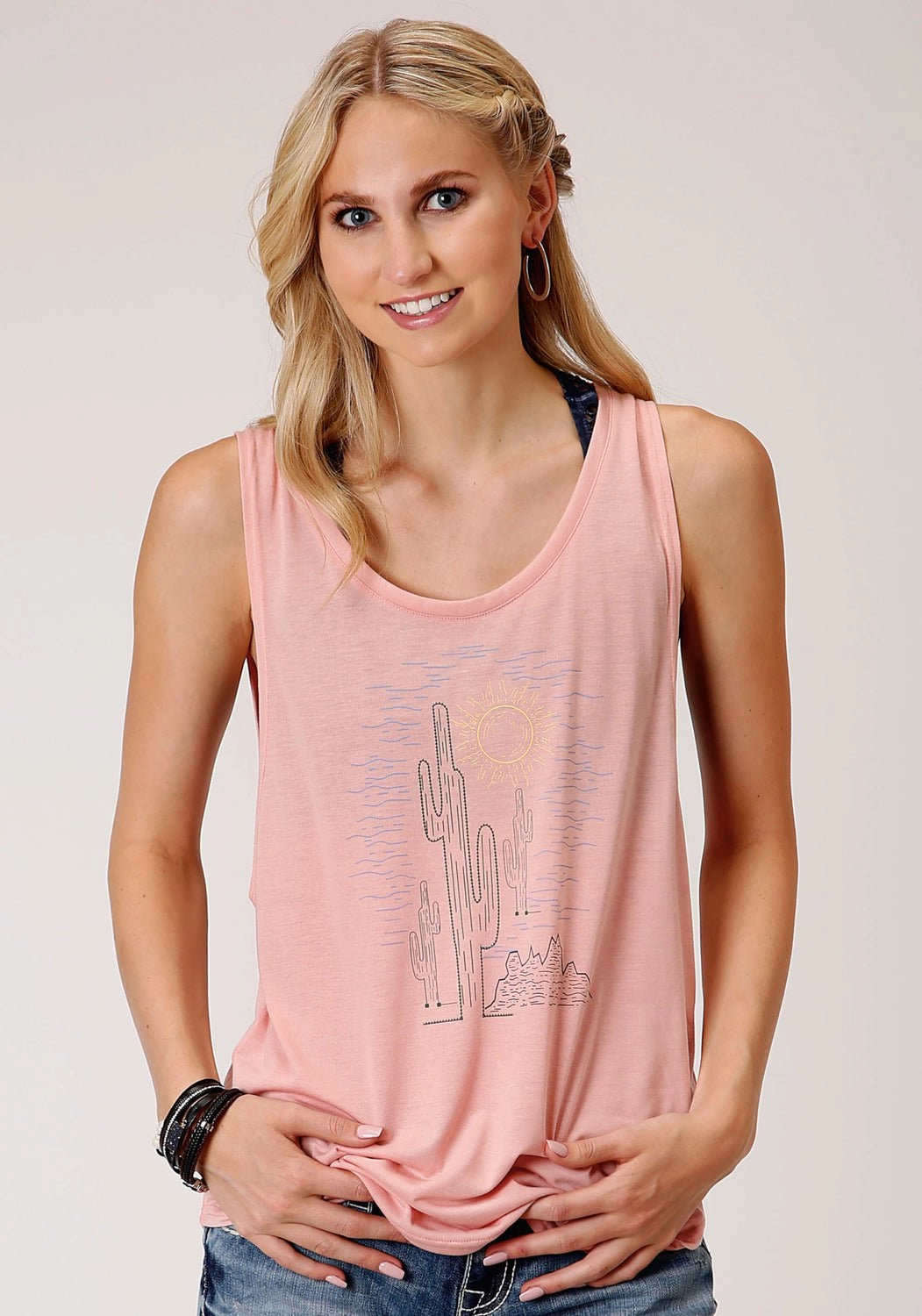 Roper Womens Pink Poly/Rayon Cactus Tank Top Lightweight Layers