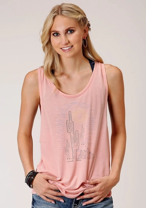 Roper Womens Pink Poly/Rayon Cactus Tank Top Lightweight Layers
