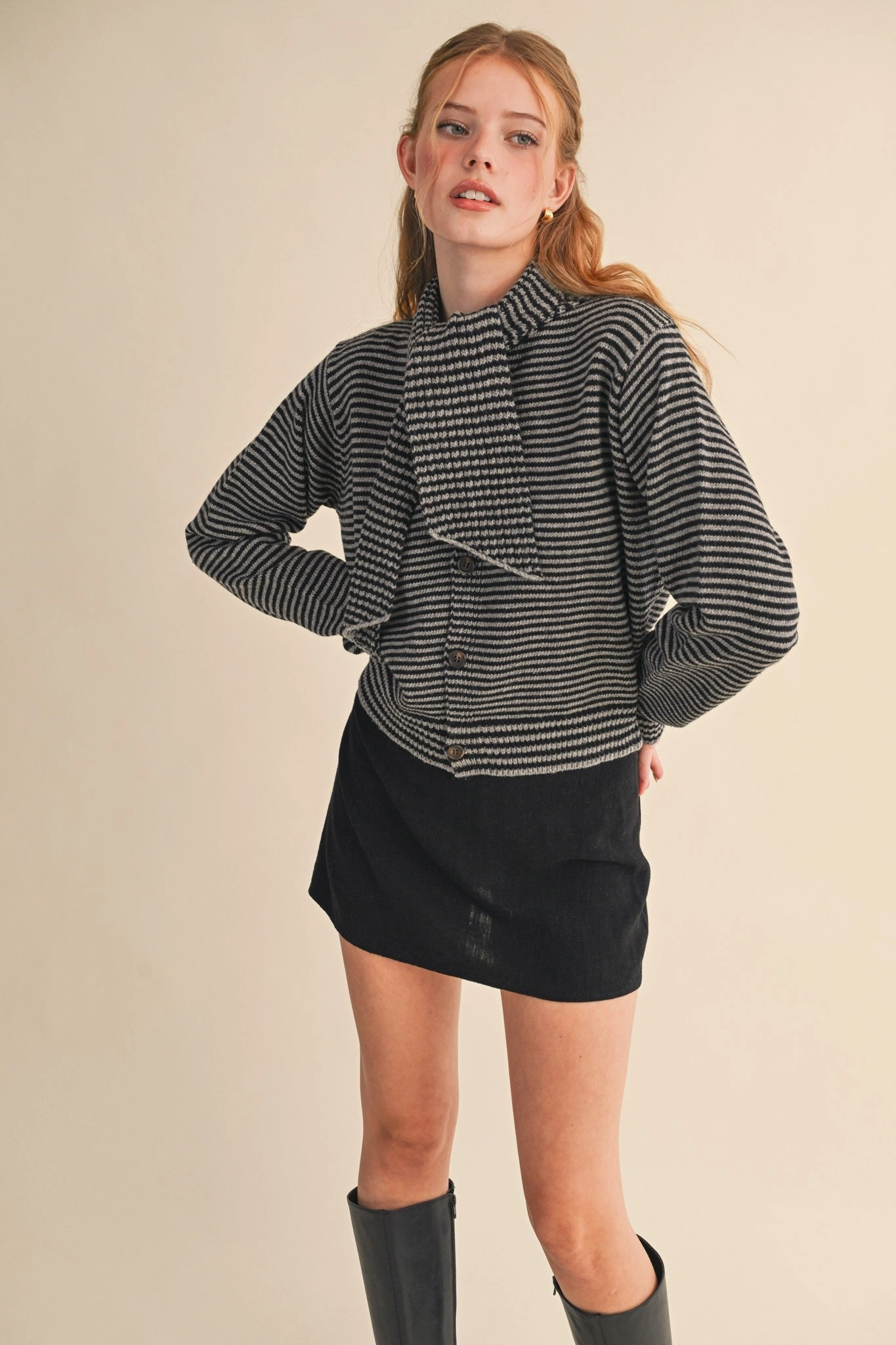 Relaxed Fit Striped Scarf Neck Cardigan - Black