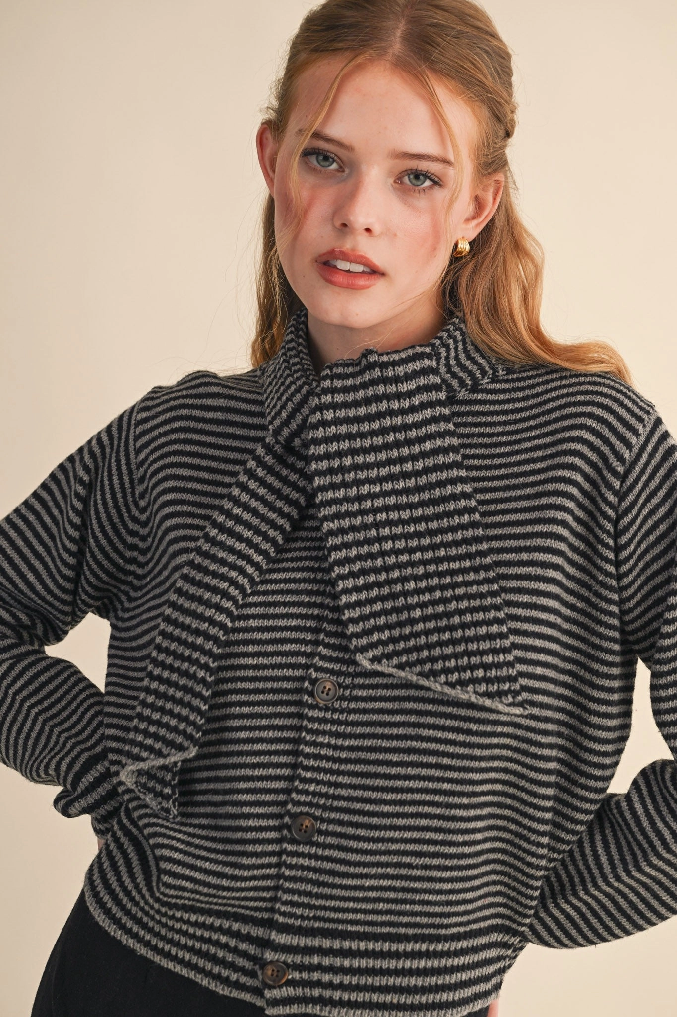 Snuggle Comfort Striped Scarf Neck Cardigan - Black