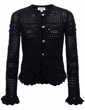 L'AGENCE Kiva Open Stitch Ruffle Cardigan in Black Winter Ready