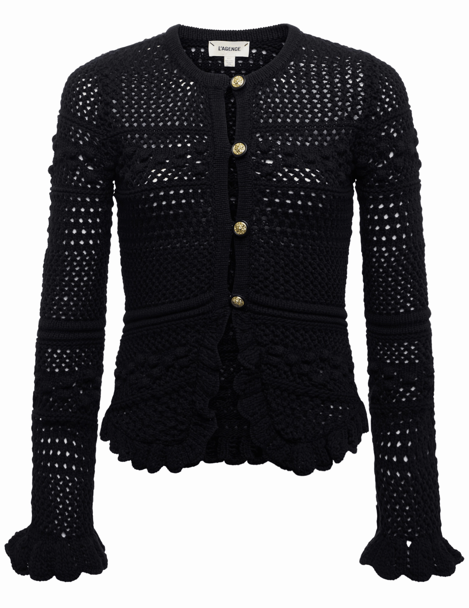 Comfy Wearable Non Restrictive Armhole L'AGENCE Kiva Open Stitch Ruffle Cardigan in Black
