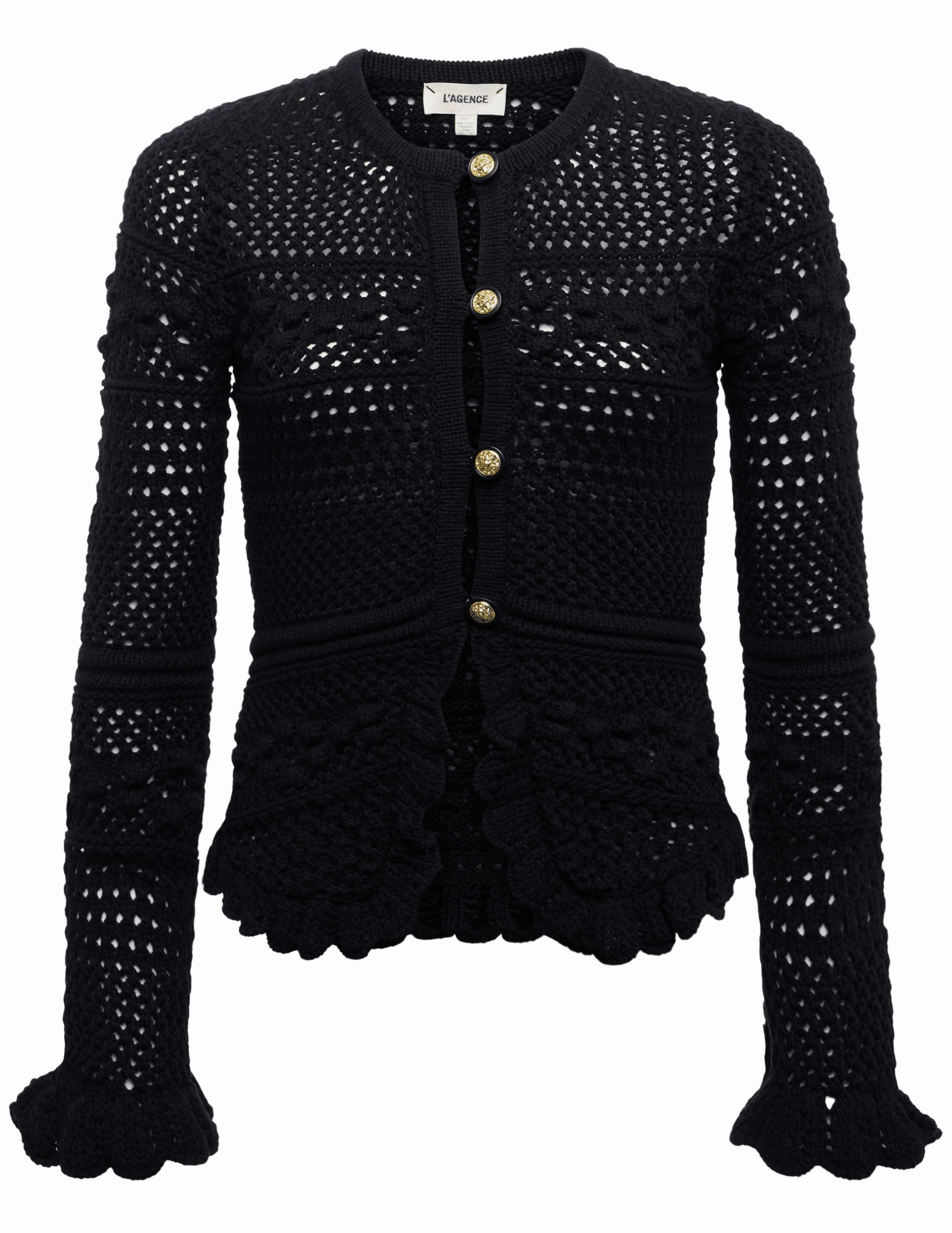 Breathable Wool Chic Comfort L'AGENCE Kiva Open Stitch Ruffle Cardigan in Black