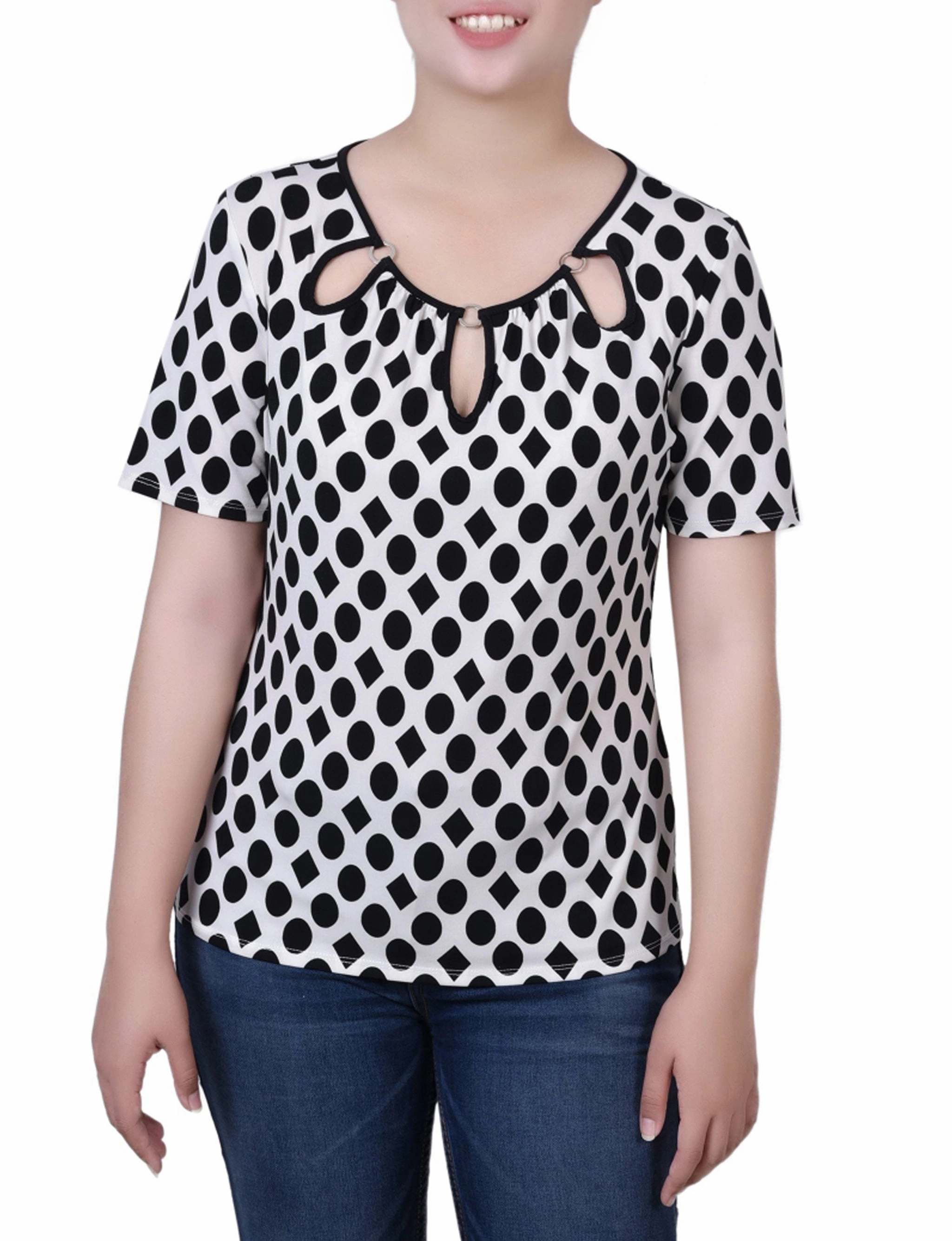 Reflective Yarn Accent Timeless Feel Petite Short Sleeve Top With Ring Details