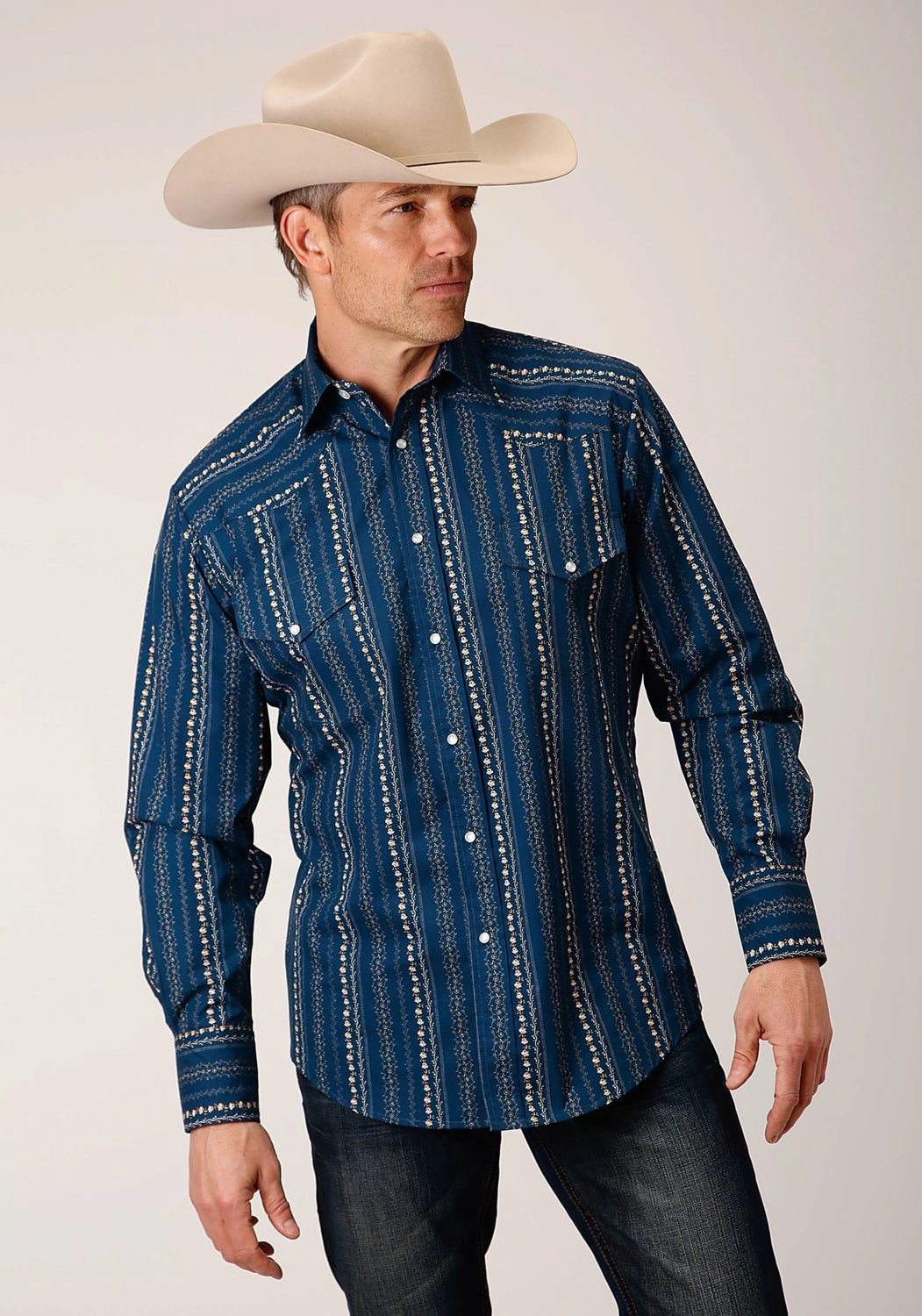 networking event Roper Mens Floral Wallpaper Blue Cotton Blend L/S Shirt