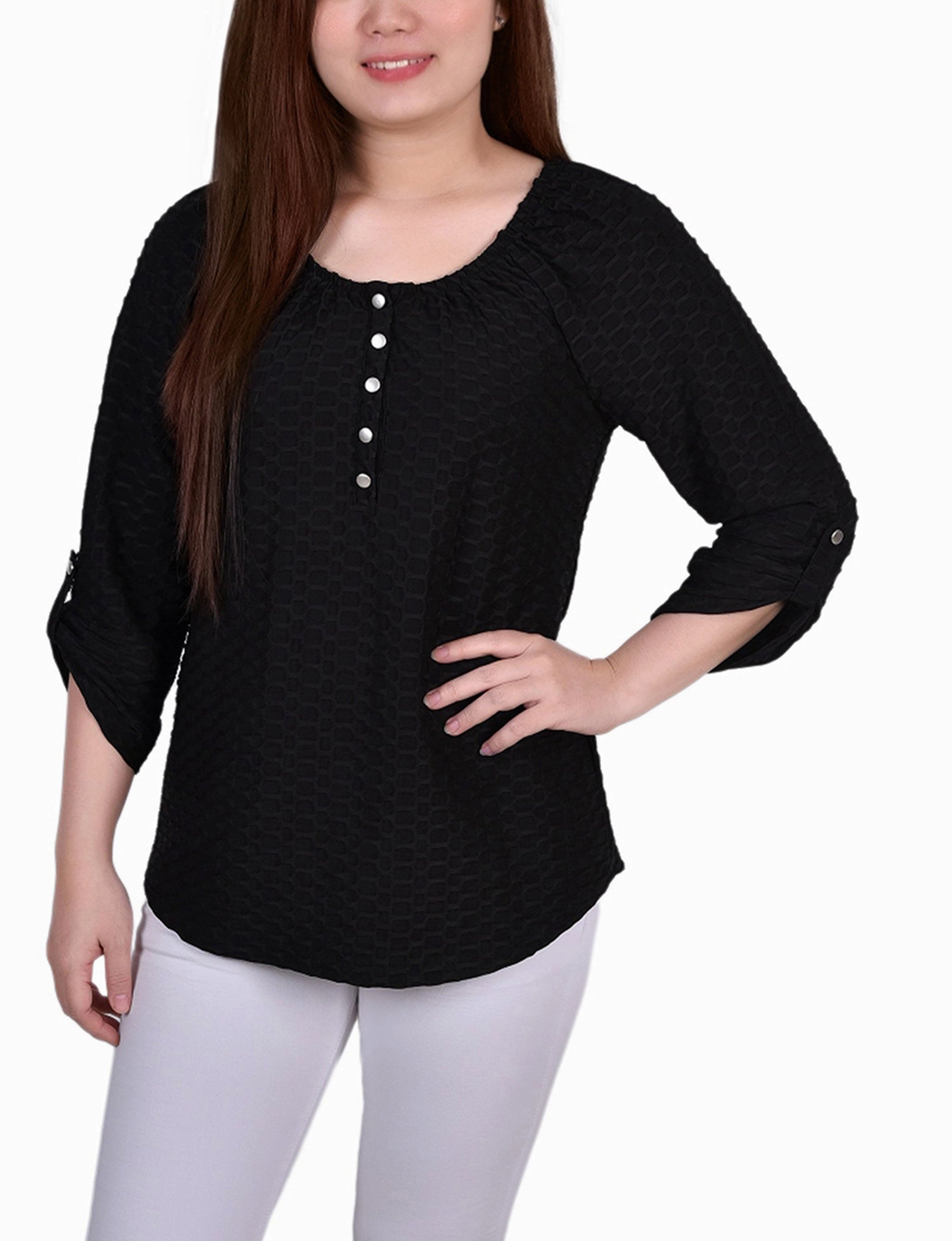 Natural Odor Control Neutral Style Petite 3/4 Sleeve Honeycomb Top