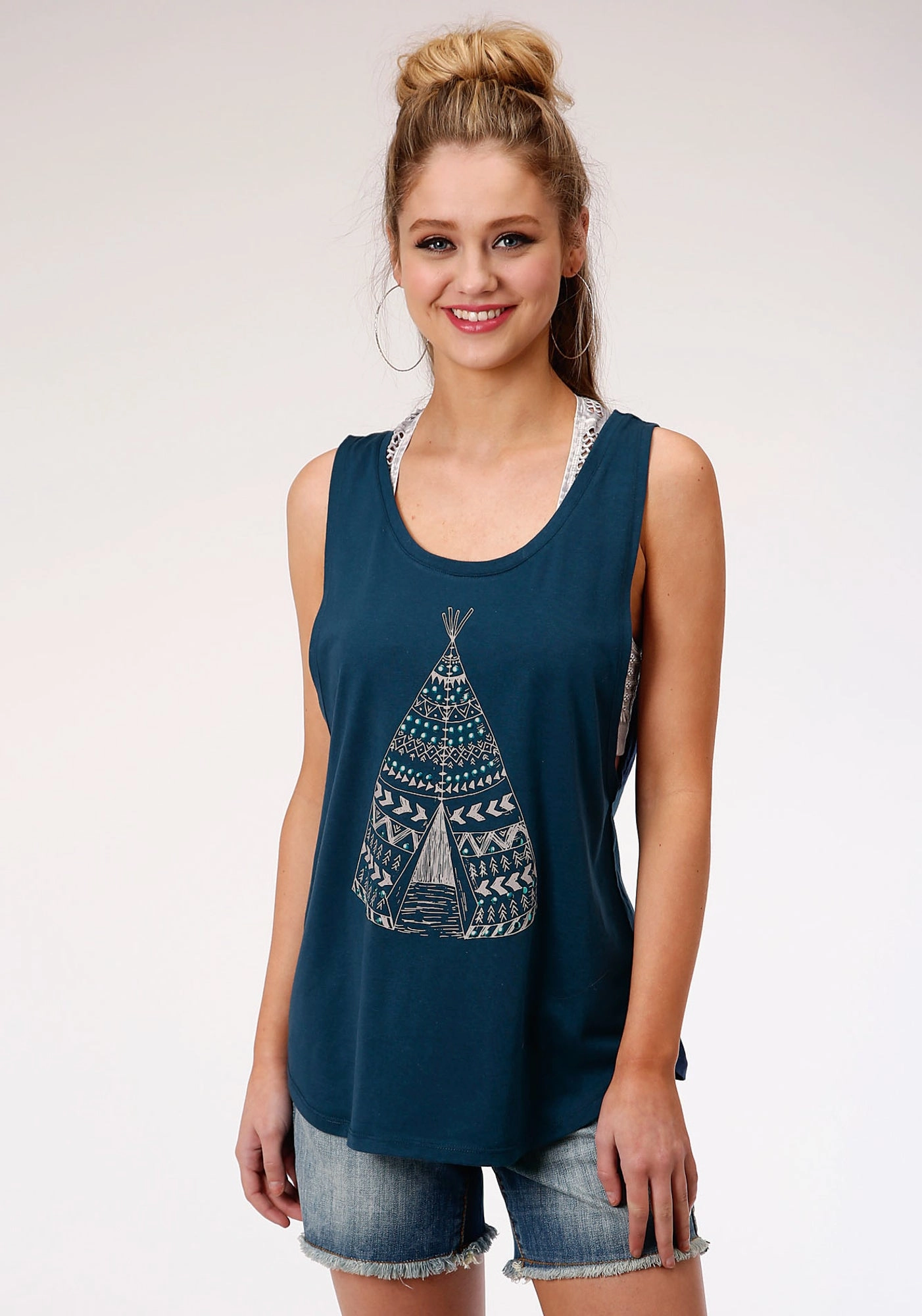 Chic Look Hiking Gear Roper Womens Navy Blue Cotton Blend Nailhead Teepee S/L Tank Top