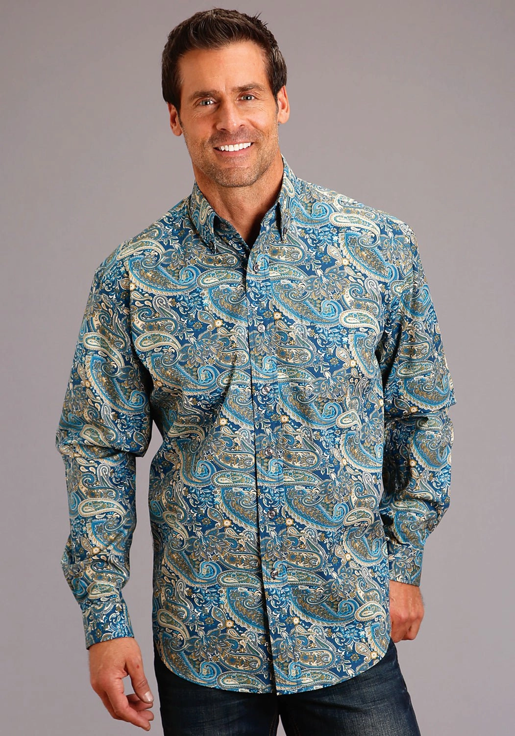 Gradient effect Stetson Mens Blue 100% Cotton Fall Paisley BD L/S 1 Pkt Shirt