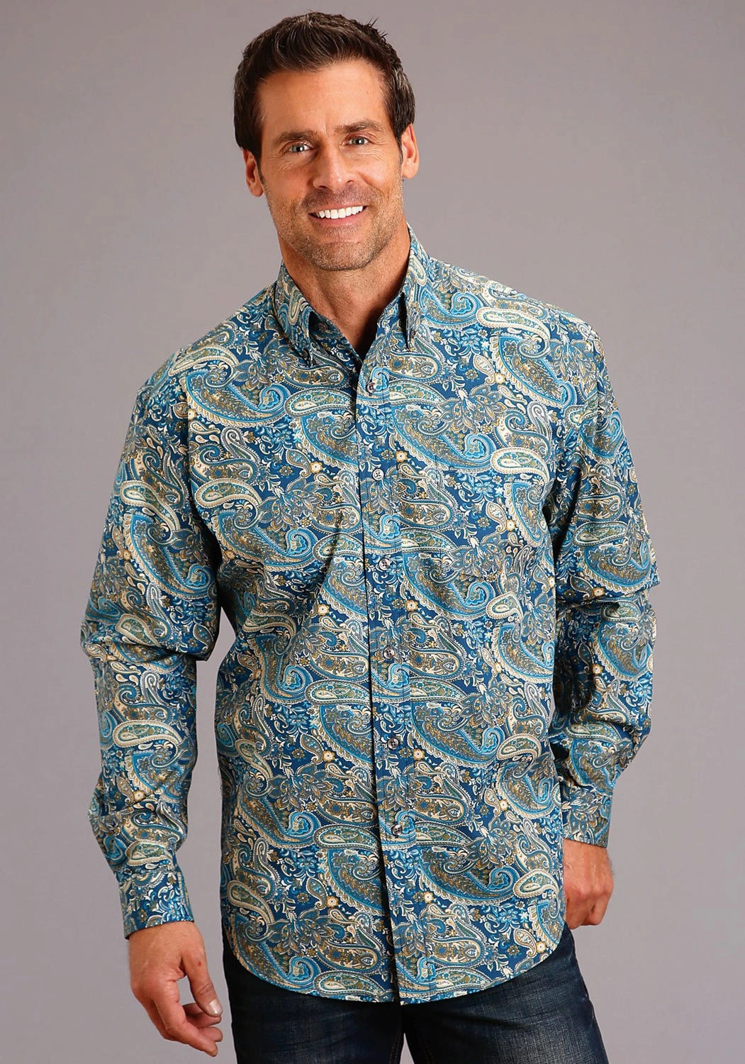 Stetson Mens Blue 100% Cotton Fall Paisley BD L/S 1 Pkt Shirt Minimalist Closure Hooded Neckline
