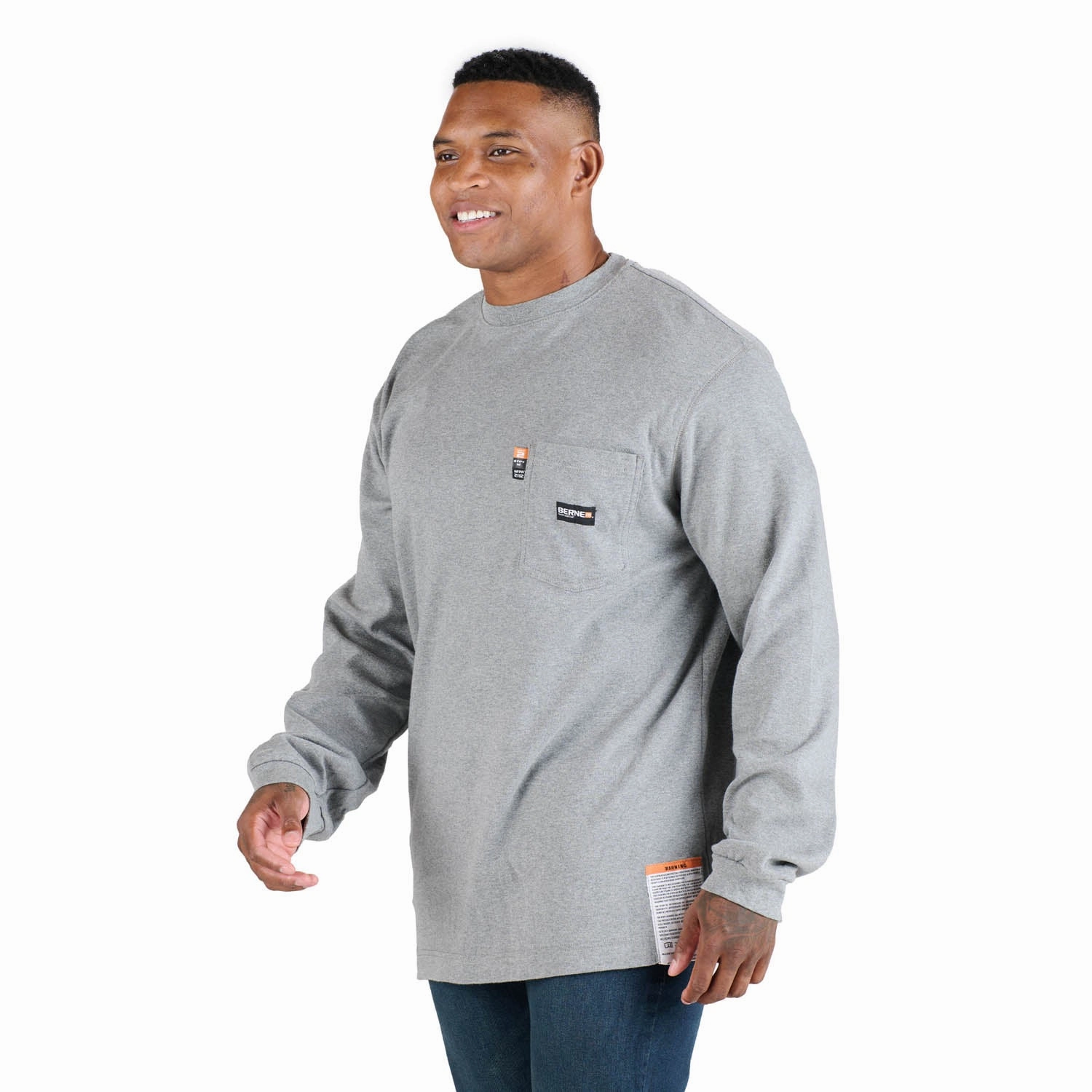 Berne Mens FR Crew Neck Pocket Grey 100% Cotton L/S T-Shirt Trendy Pattern