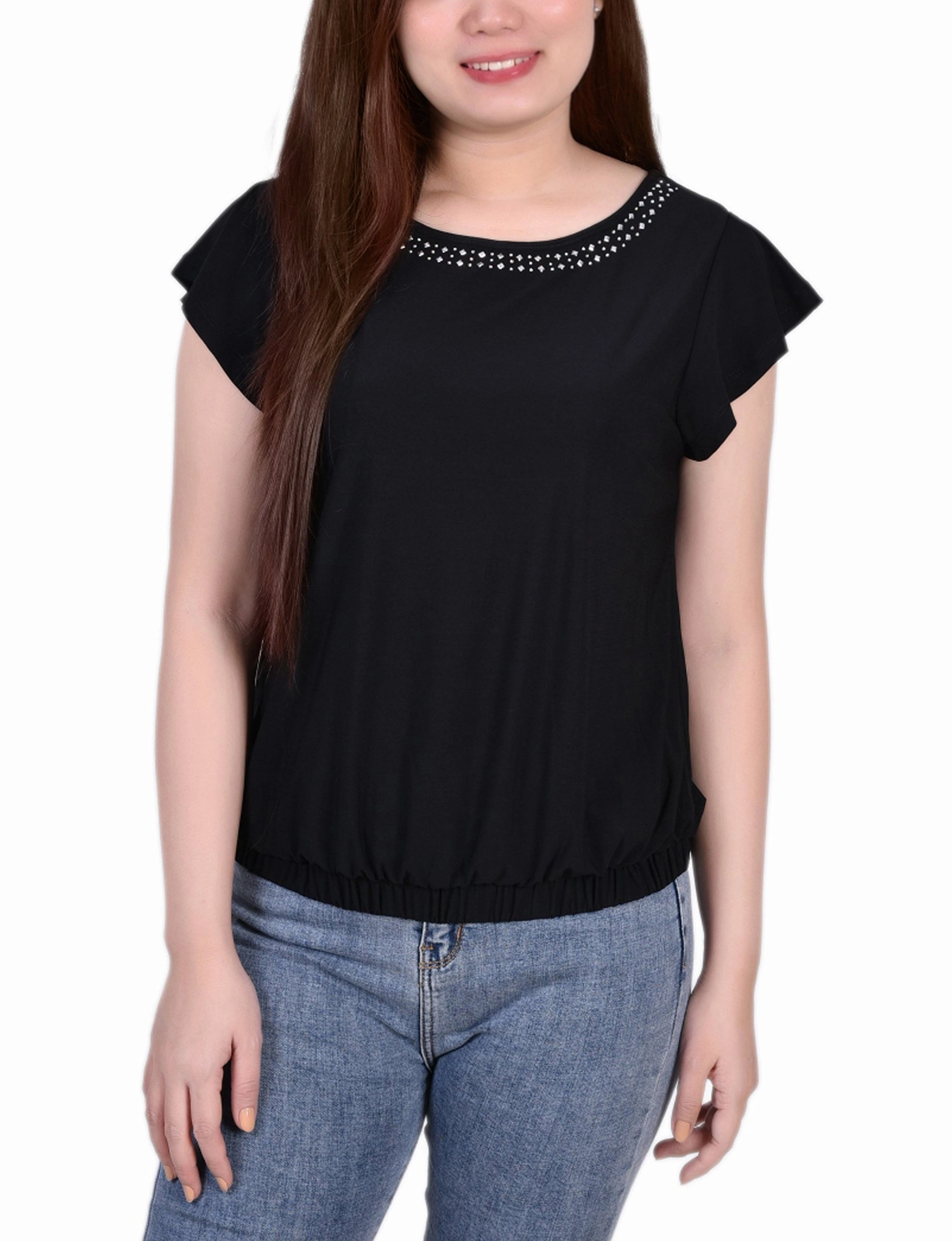 Luxe Layer Chafe Free Short Flutter Sleeve Top With Studded Neckline