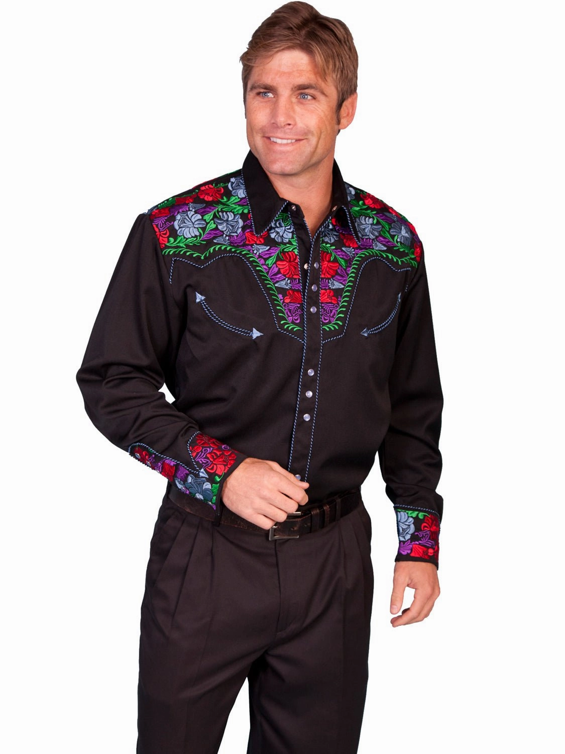 Tall Length Recycled Polyester Blend Scully Mens Shirt Western Blue Poly Blend Bright Floral Stitch L/S