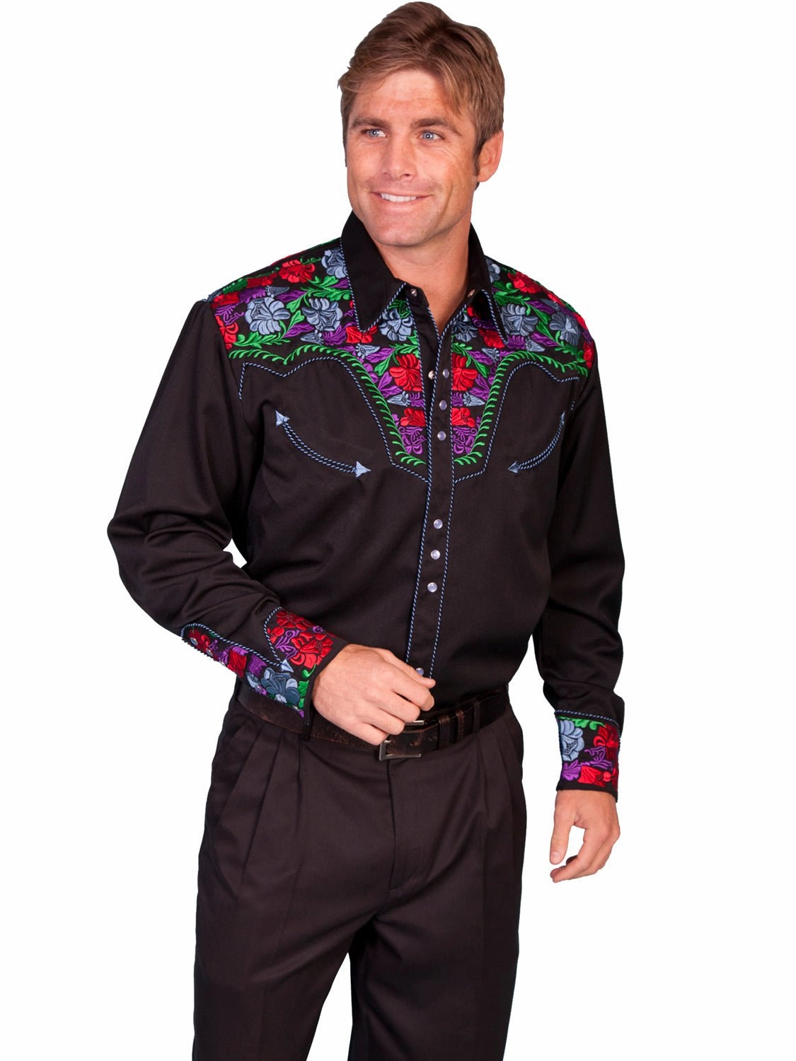 Scully Mens Shirt Western Blue Poly Blend Bright Floral Stitch L/S Hypoallergenic Lining Ventilated Back