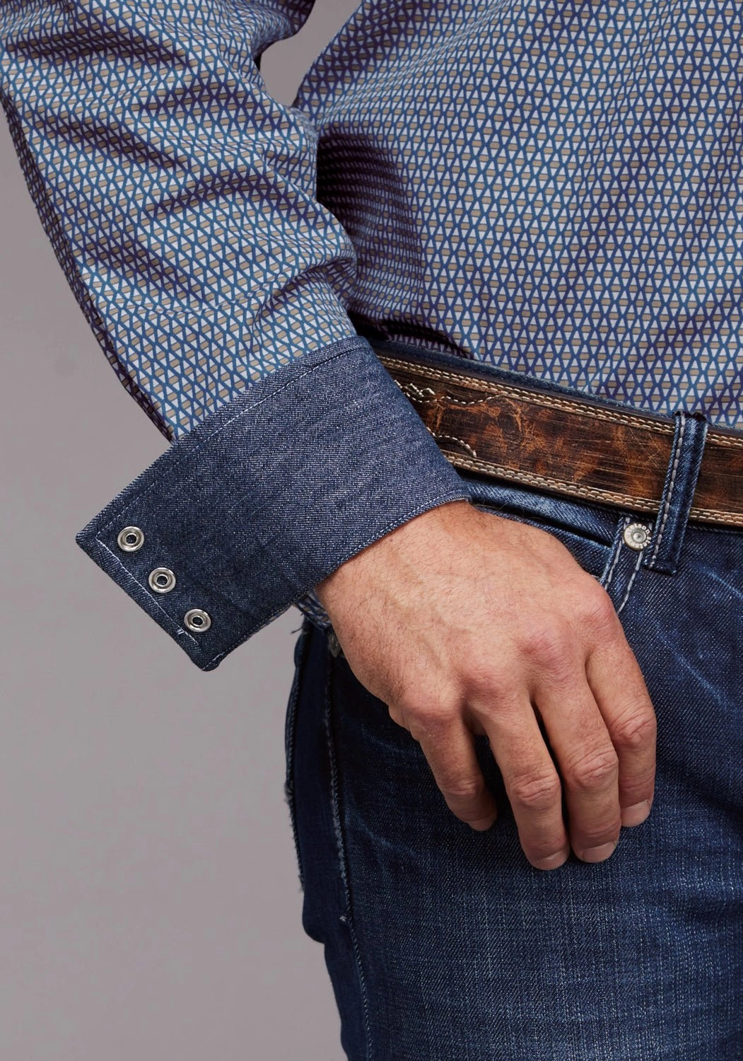 Eco Dye Technique Effortless Style Stetson Mens 2030 Diamond Neat Blue 100% Cotton L/S Shirt