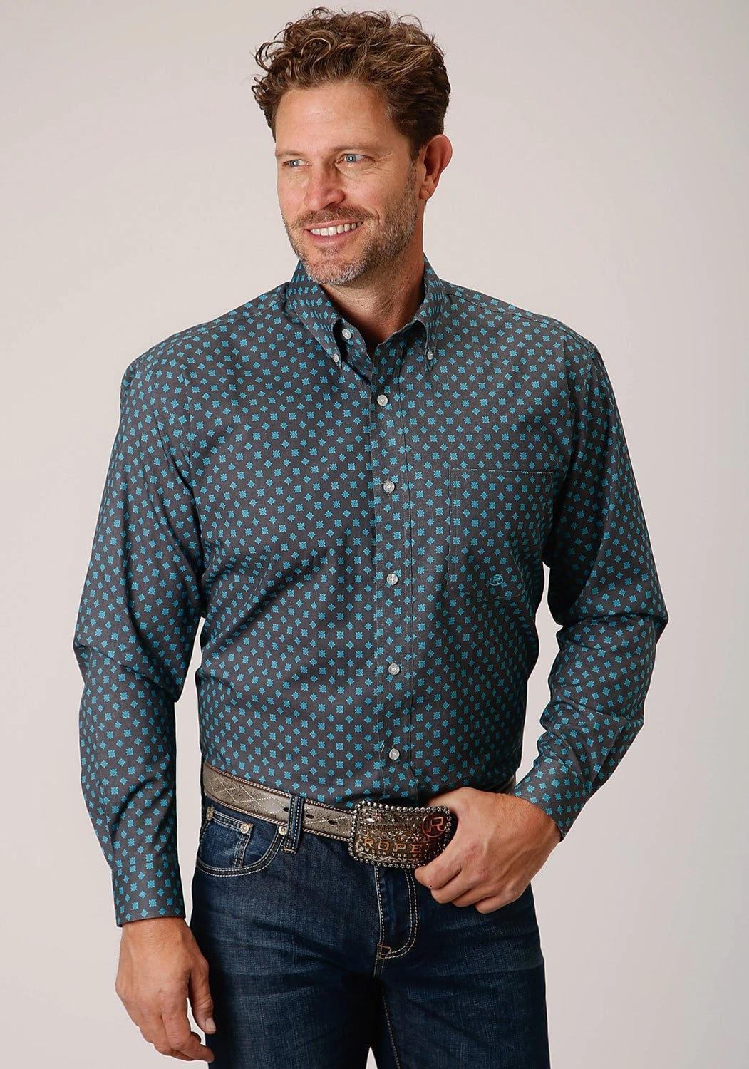 Roper Mens Grey 100% Cotton Cottage Foulard BD L/S 1 Pkt Shirt Airflow Ventilation System