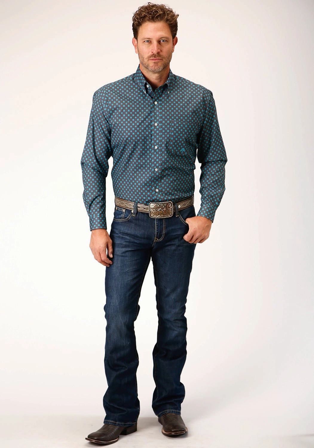 Roper Mens Grey 100% Cotton Cottage Foulard BD L/S 1 Pkt Shirt Sleek Silhouette