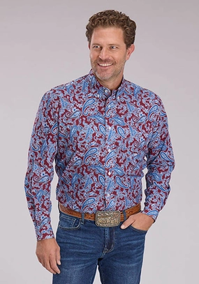 Roper Mens 2496 Heritage Paisley Wine/Blue 100% Cotton 1 Pkt L/S Shirt Rugged Style