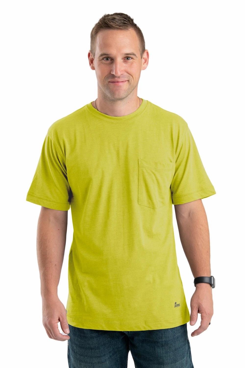 Fade Resistant Formula Berne Mens Yellow Cotton Blend Performance Pocket Tee S/S