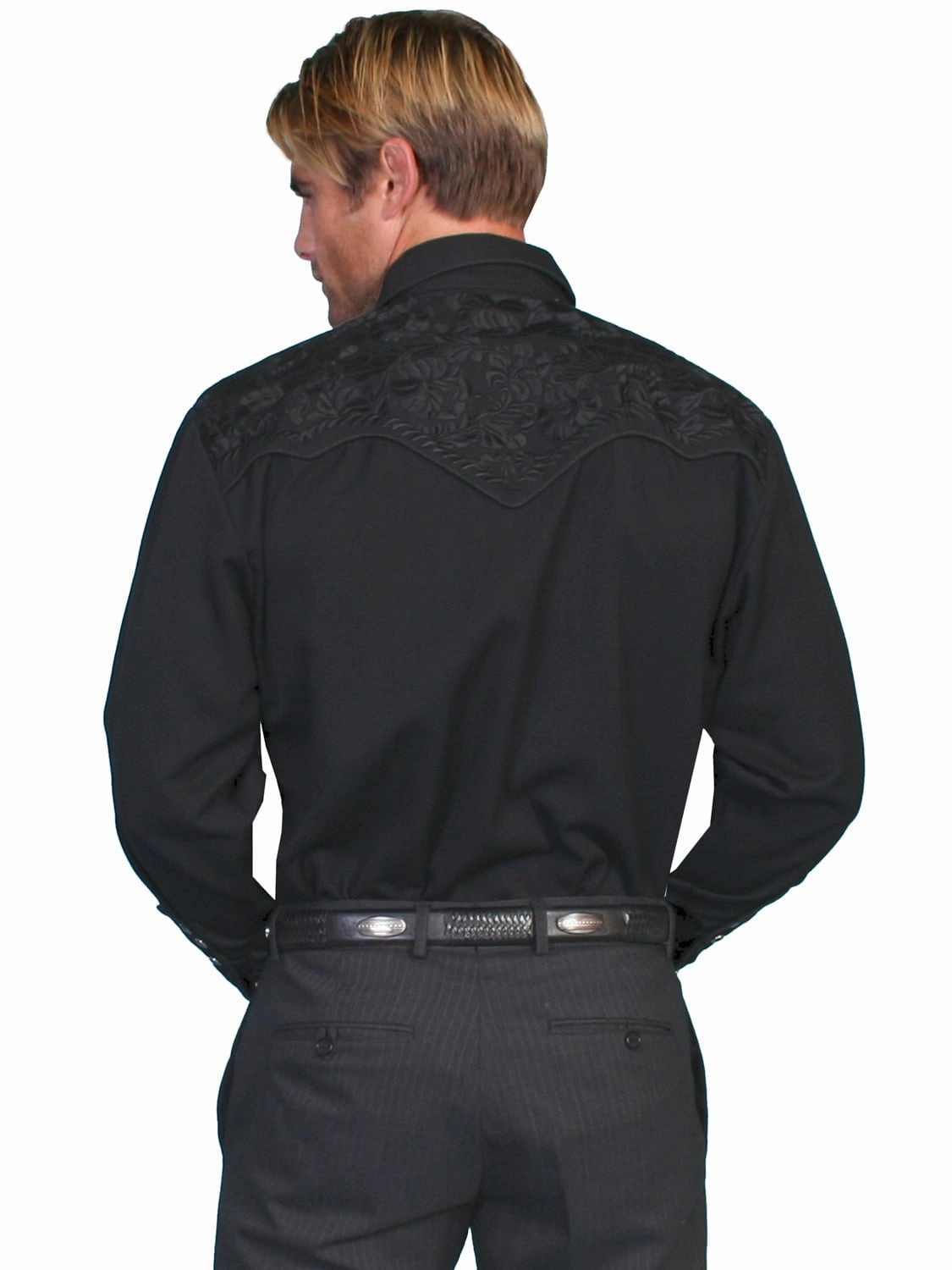 Gym Wear Scully Mens Jet Black Poly/Rayon Tooled Floral L/S Shirt