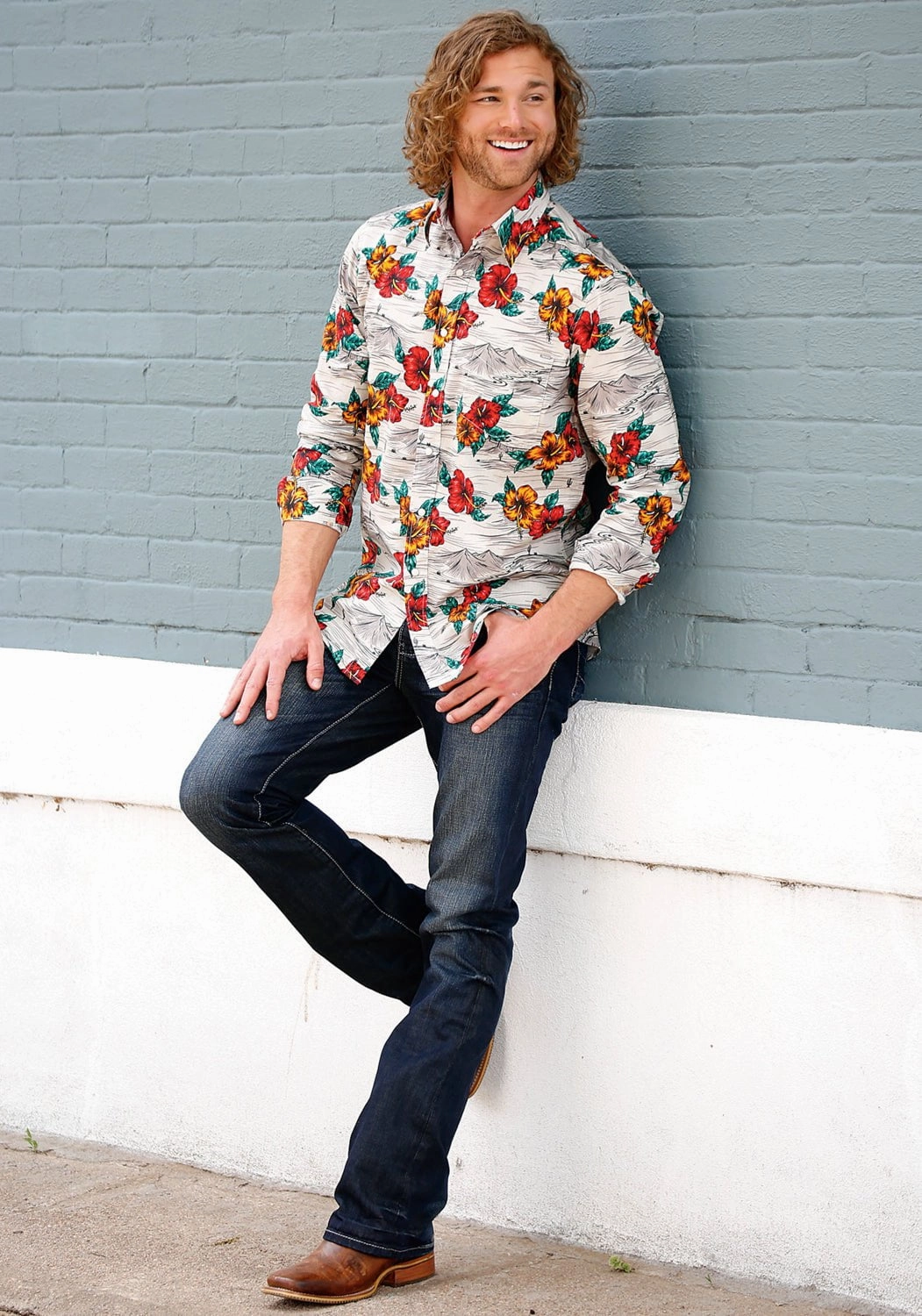 Tin Haul Mens Landscape Tropical Grey 100% Cotton L/S Shirt Comfort Stretch