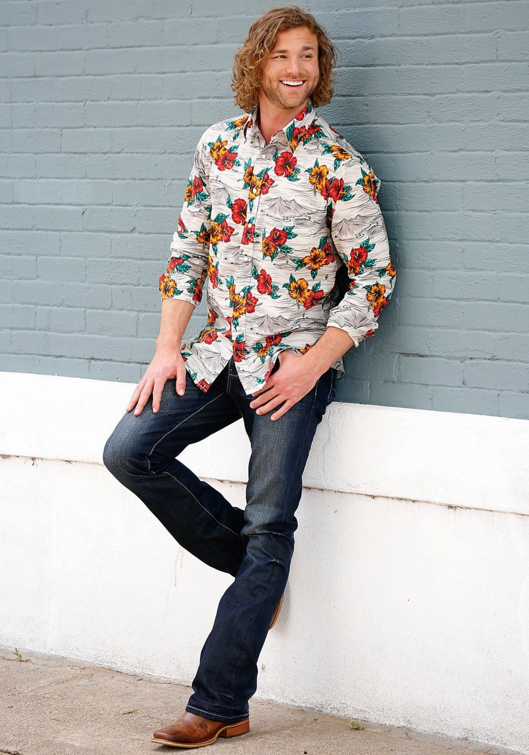 Tin Haul Mens Landscape Tropical Grey 100% Cotton L/S Shirt Winter Retreat Tall Length