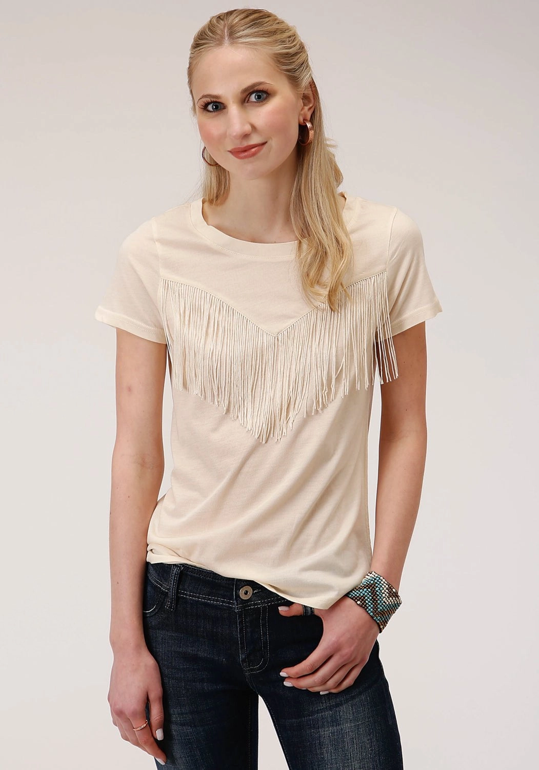 Roper Womens Ivory Poly/Rayon Western Fringe S/S T-Shirt Sustainable Choice Unisex style