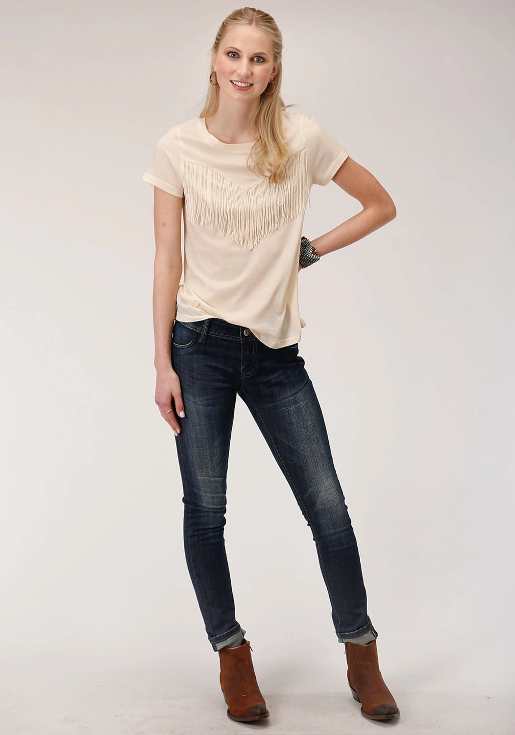 Roper Womens Ivory Poly/Rayon Western Fringe S/S T-Shirt Versatile Style handmade touch