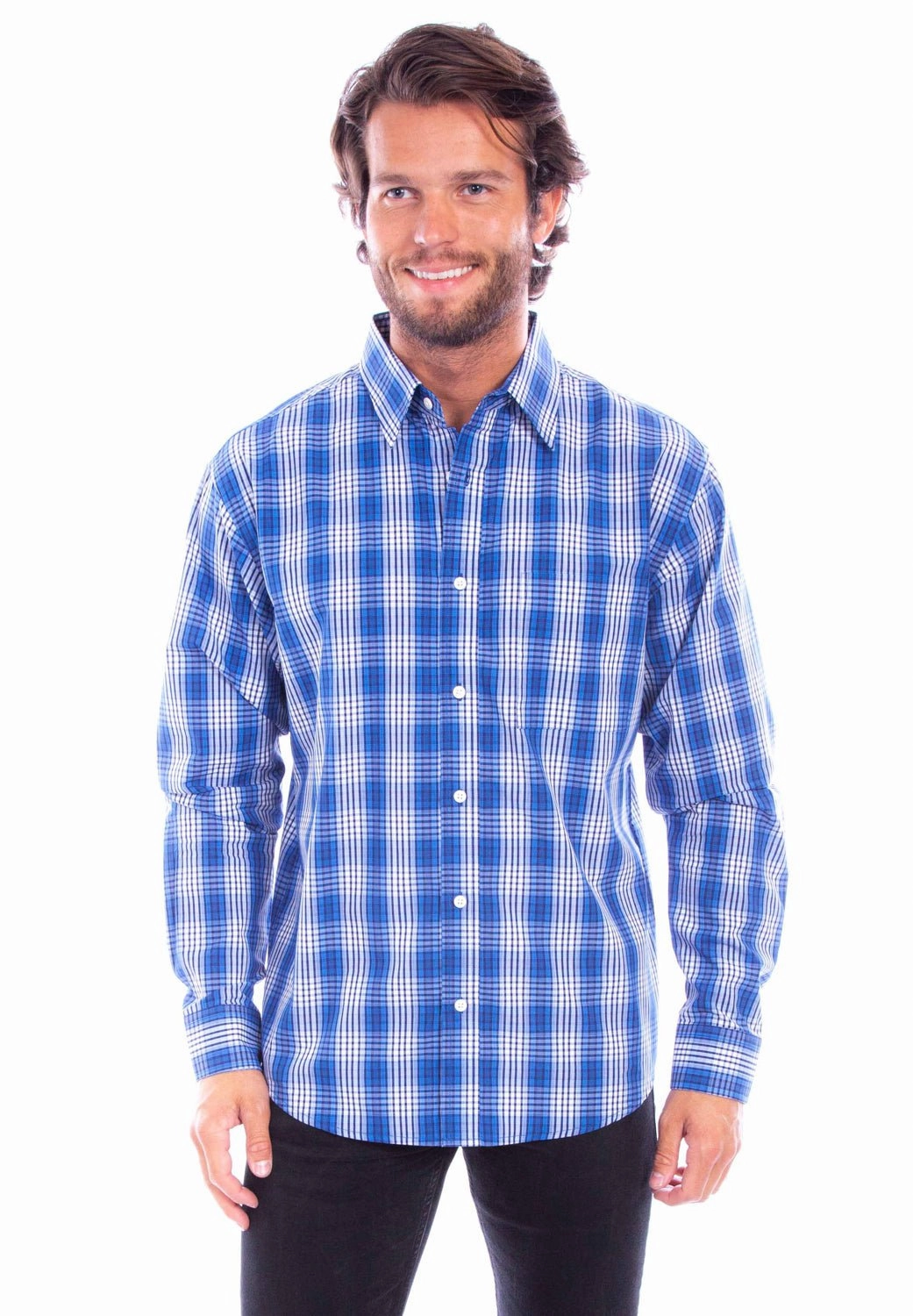 Scully Mens Worn Outs Plaid Blue 100% Cotton L/S Shirt Durable Stitching