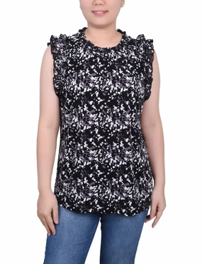 Versatile Piece Breathable Honeycomb Weave Petite Sleeveless Crepe Top With Chiffon Ruffles