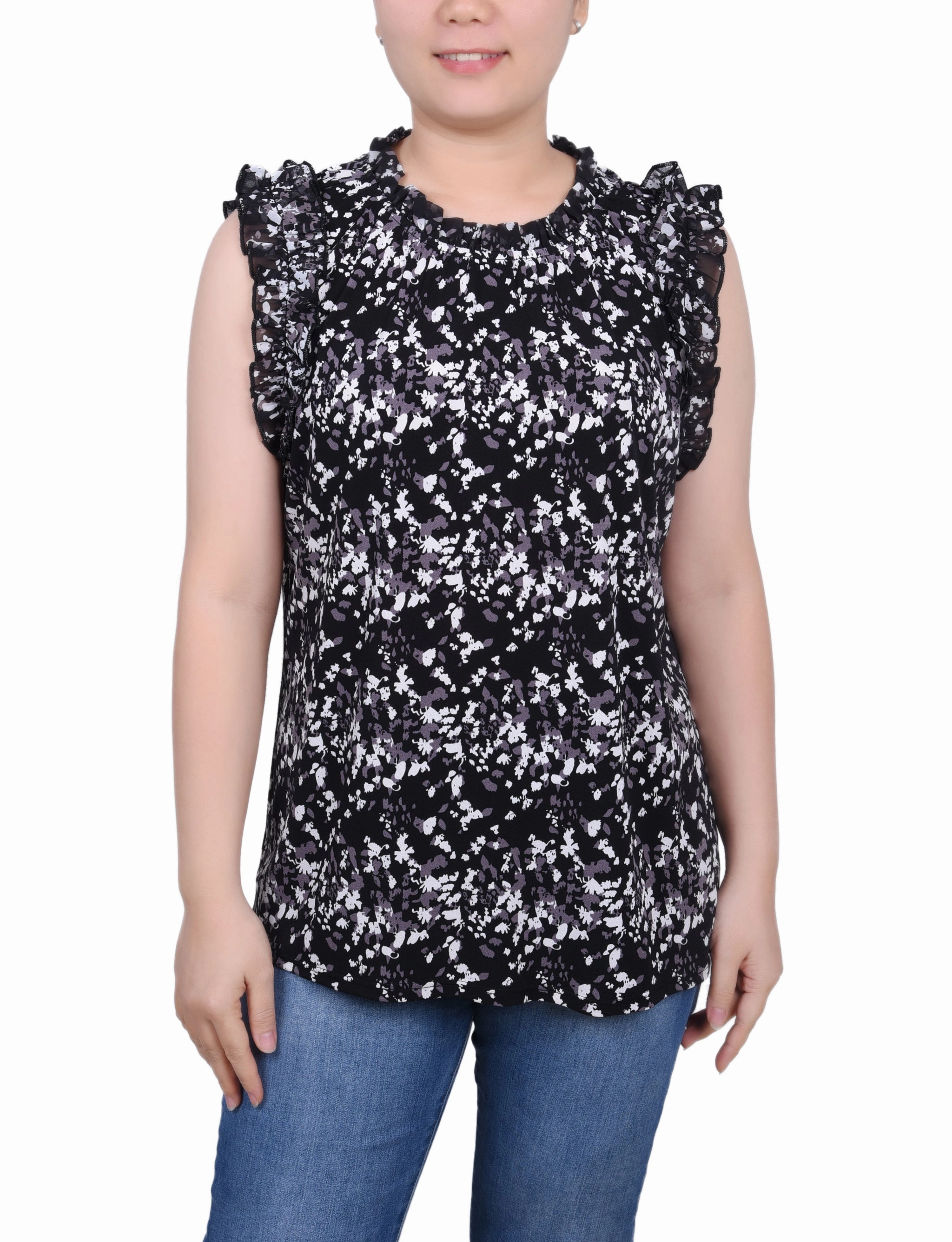 Airflow channels Lightweight Thermal Weave Petite Sleeveless Crepe Top With Chiffon Ruffles