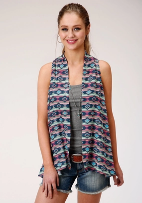 Roper Womens Blue/Pink Rayon/Nylon Aztec Cardigan Comfy Knitwear Look