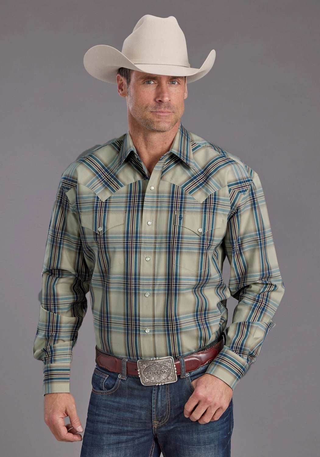 Urban Fashion Stetson Mens Vintage Indigo Plaid Blue 100% Cotton L/S Shirt