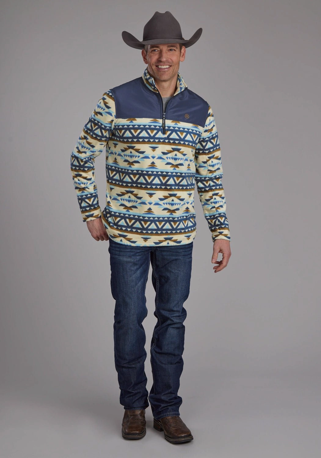 Seamless Shoulder Construction Organic Cotton Roper Mens 2321 Aztec Print Cream/Blue Fleece Pullover Sweater