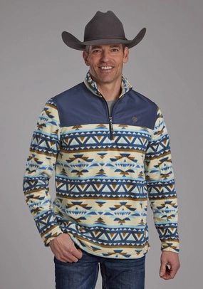 Airflow Ventilation System Roper Mens 2321 Aztec Print Cream/Blue Fleece Pullover Sweater