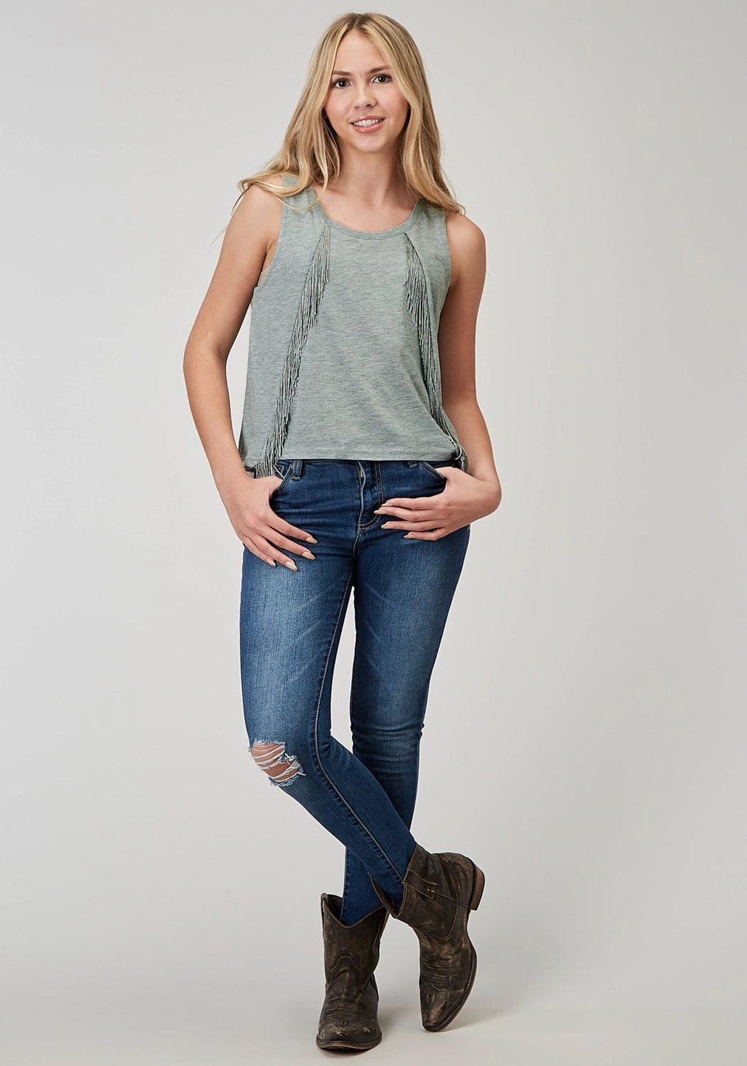 Roper Womens Scoop Neck Fringe Grey Poly/Cotton S/L Tank Top Fitted Design Modern Aesthetic