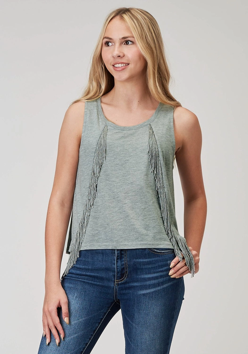 Patterned Texture Roper Womens Scoop Neck Fringe Grey Poly/Cotton S/L Tank Top