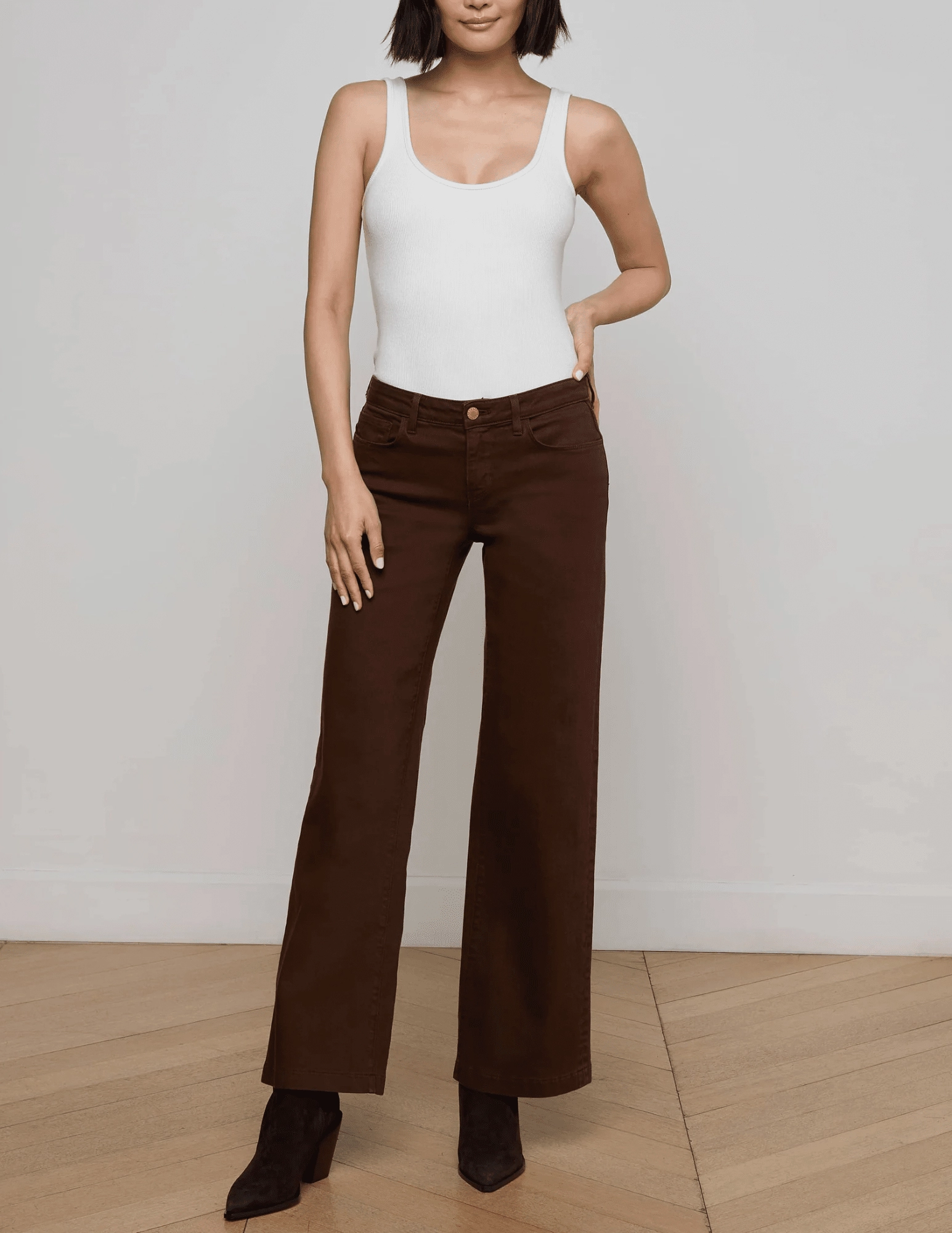 Brunch Outfit Vintage Lover Formal Non Restrictive Thigh L'AGENCE Joanne Low Rise Wide Leg Jeans in Brown