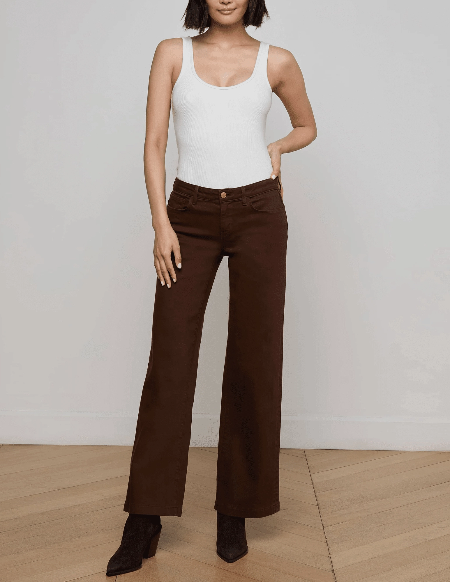 L'AGENCE Joanne Low Rise Wide Leg Jeans in Brown Weekend Uniform Formal Fashion Lover