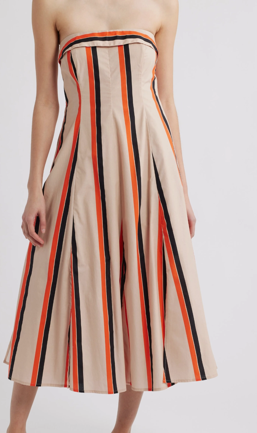 Amaranth Strapless Midi Dress in Orange Multi Stripe Edgy Twist Ethically-Made