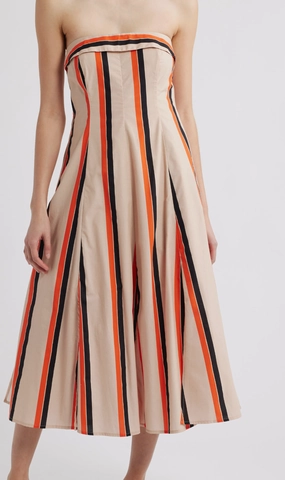 Amaranth Strapless Midi Dress in Orange Multi Stripe Edgy Twist Ethically-Made