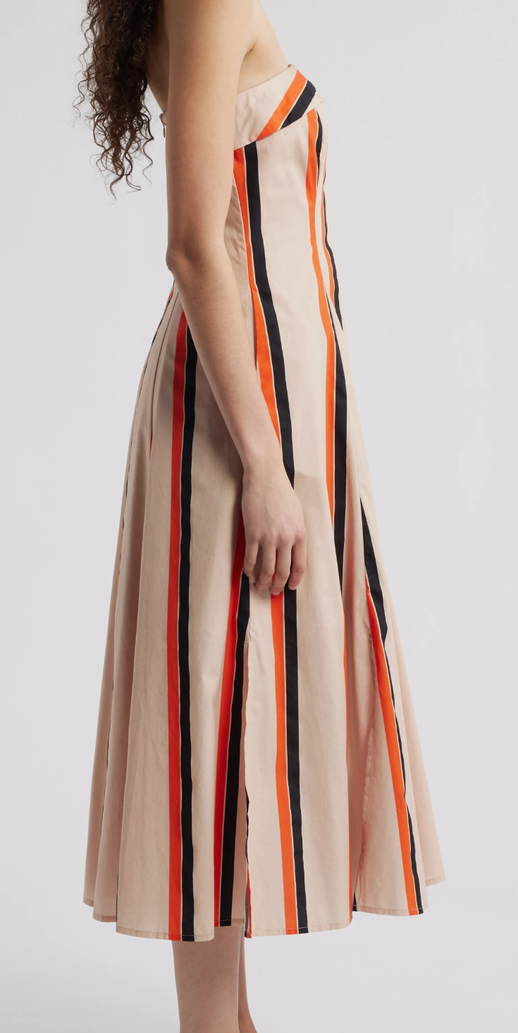 Amaranth Strapless Midi Dress in Orange Multi Stripe Soft and Chic Rhinestone-Detail