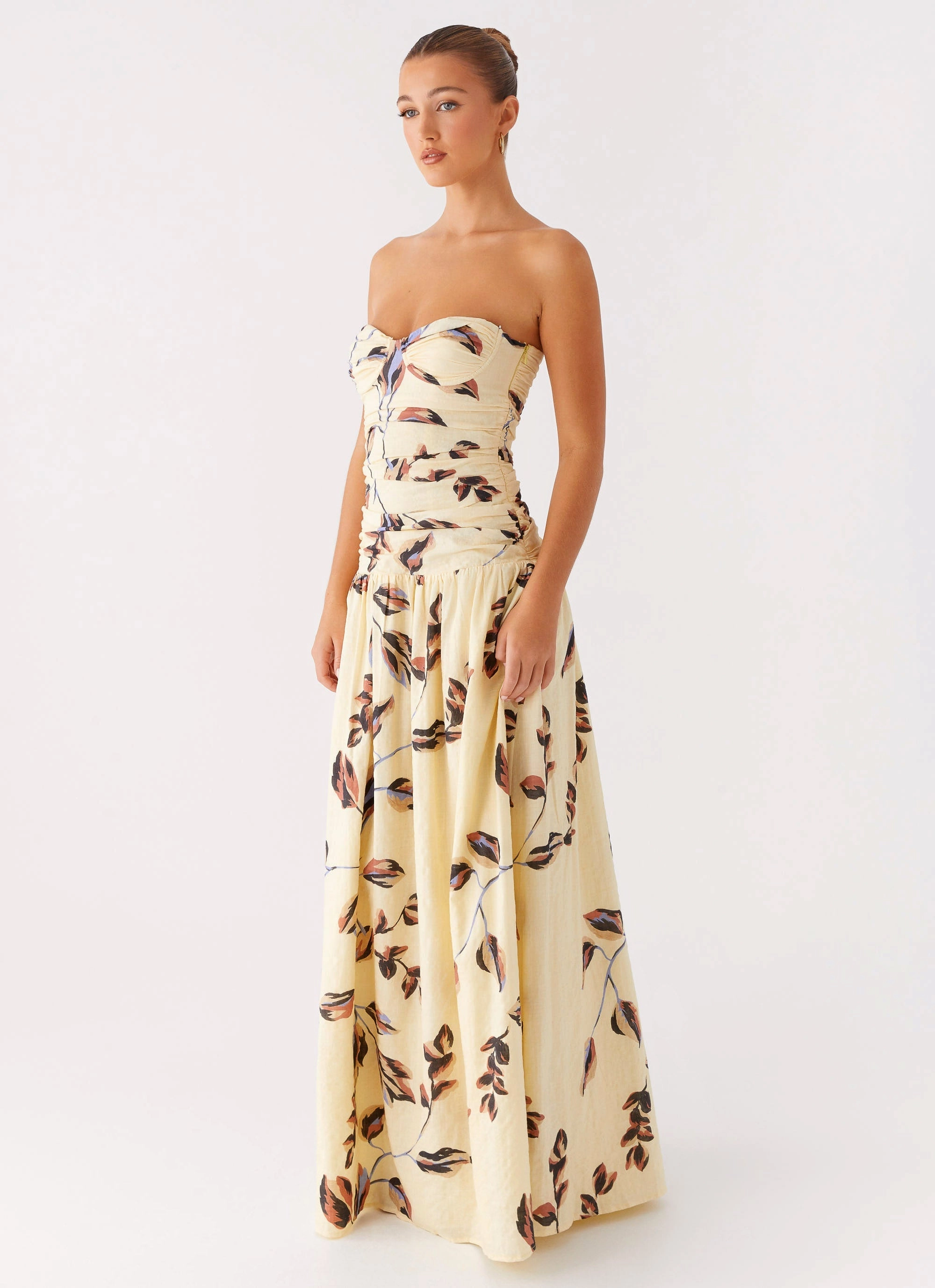 Rhea Ruched Maxi Dress - Buttercream Bliss Drawstring-Waist