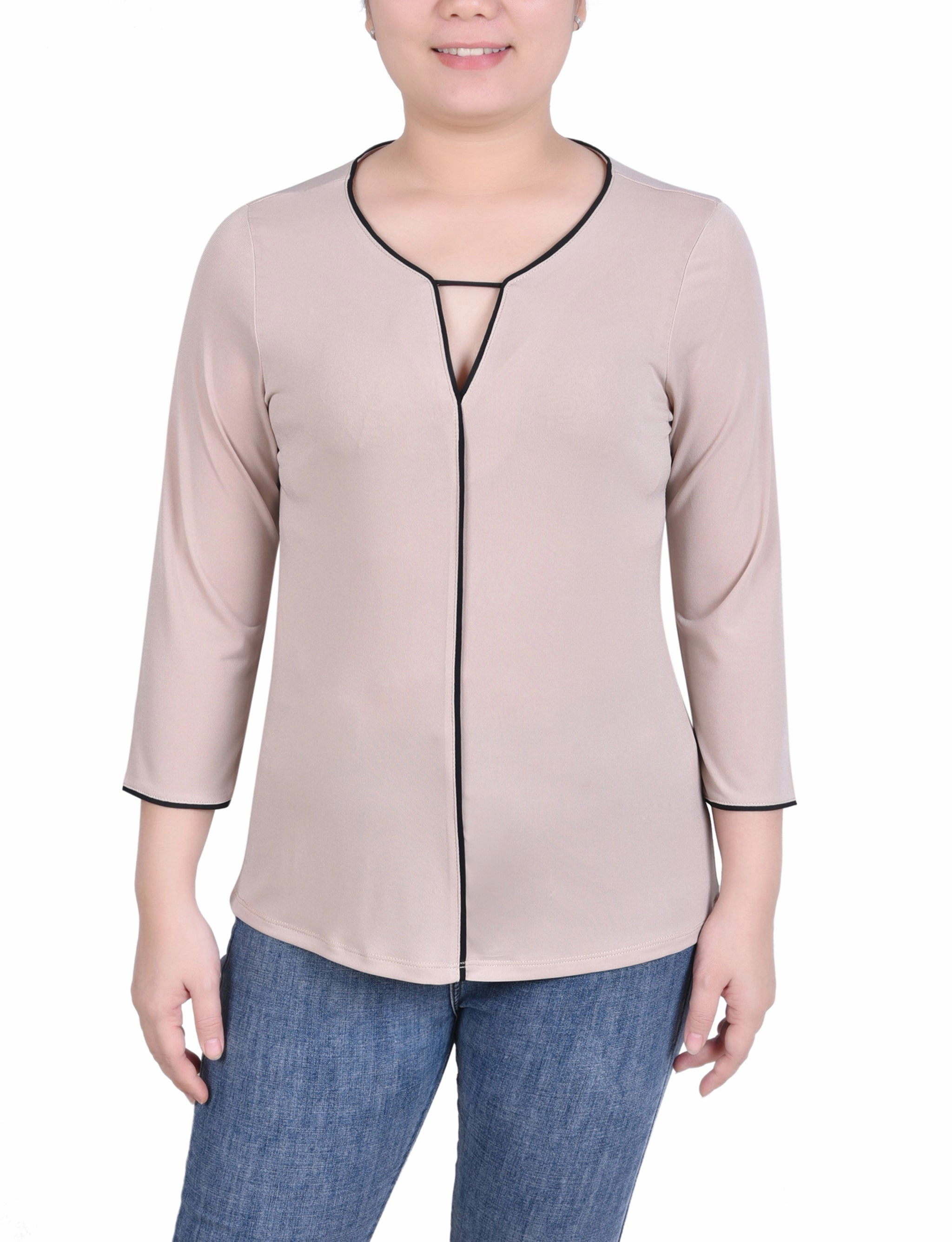 Ribbed Hem Detail Thermal Insulation Layer 3/4 Sleeve Piped Top