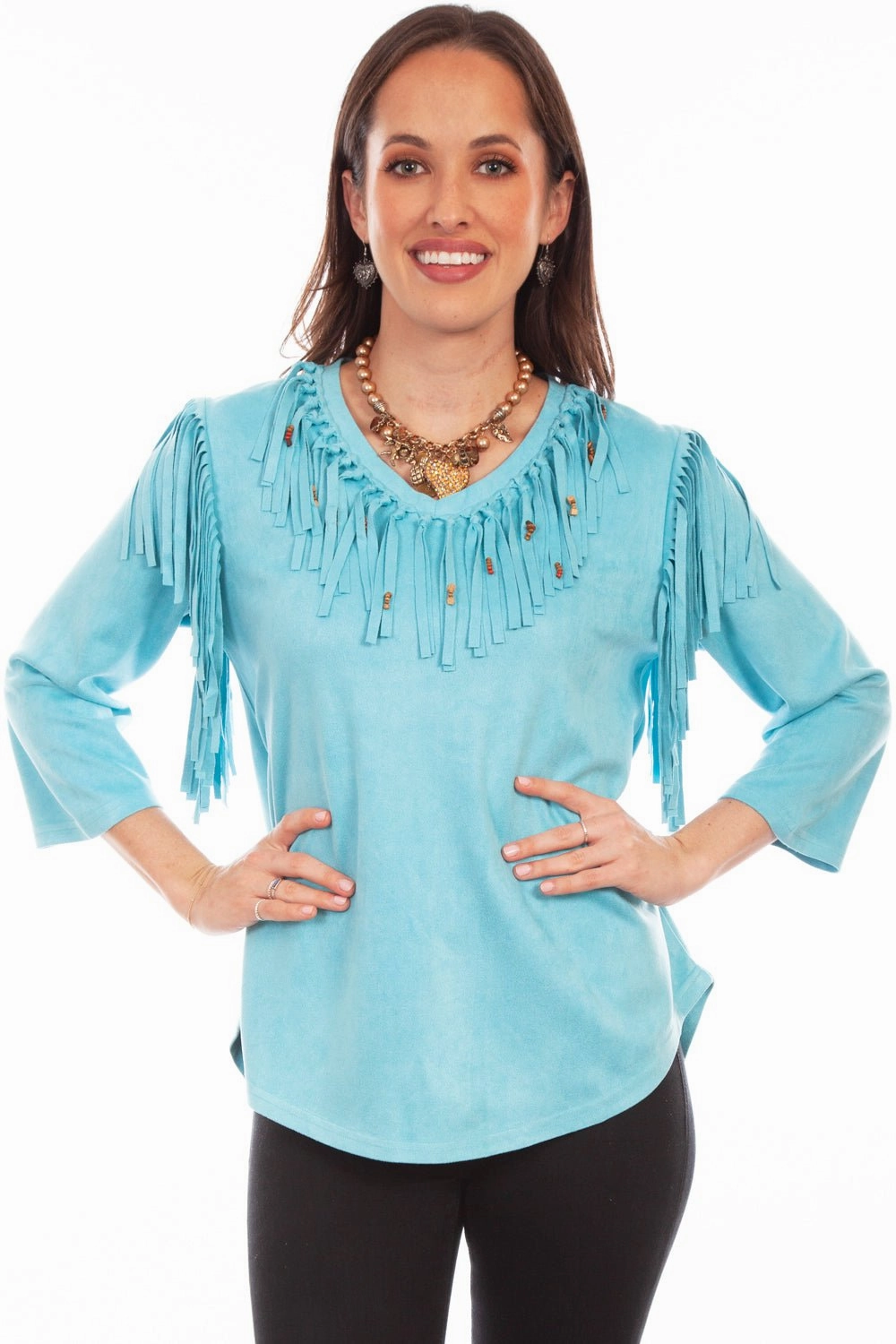 Subtle design Scully Womens Pullover Fringe Turquoise Poly/Spandex S/S Tunic