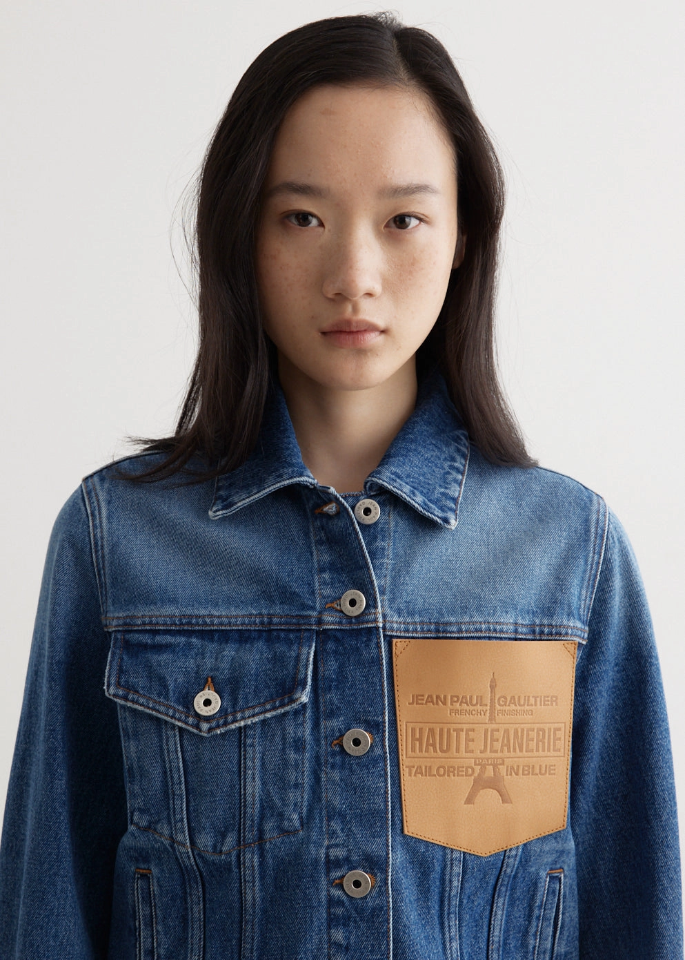 Stand Collar Denim Jacket With Leather Pocket